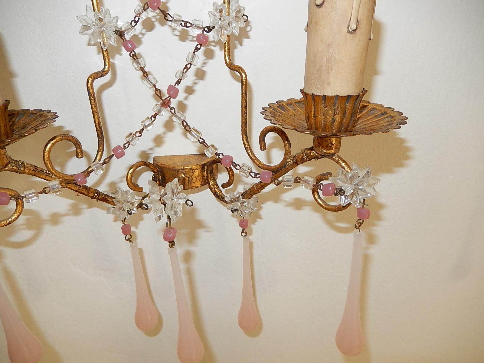 French Pink Opaline Drops with Beads and Star Crystal Sconces, 1920s 5