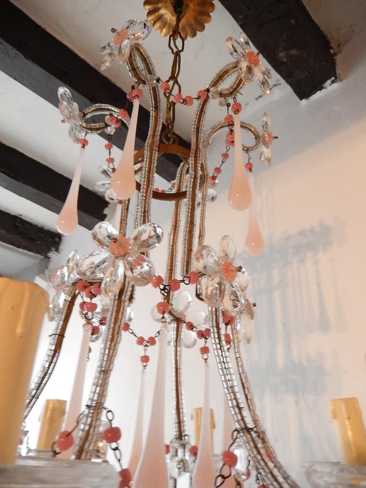 French Pink Opaline Murano Drops and Beads Beaded Chandelier 5