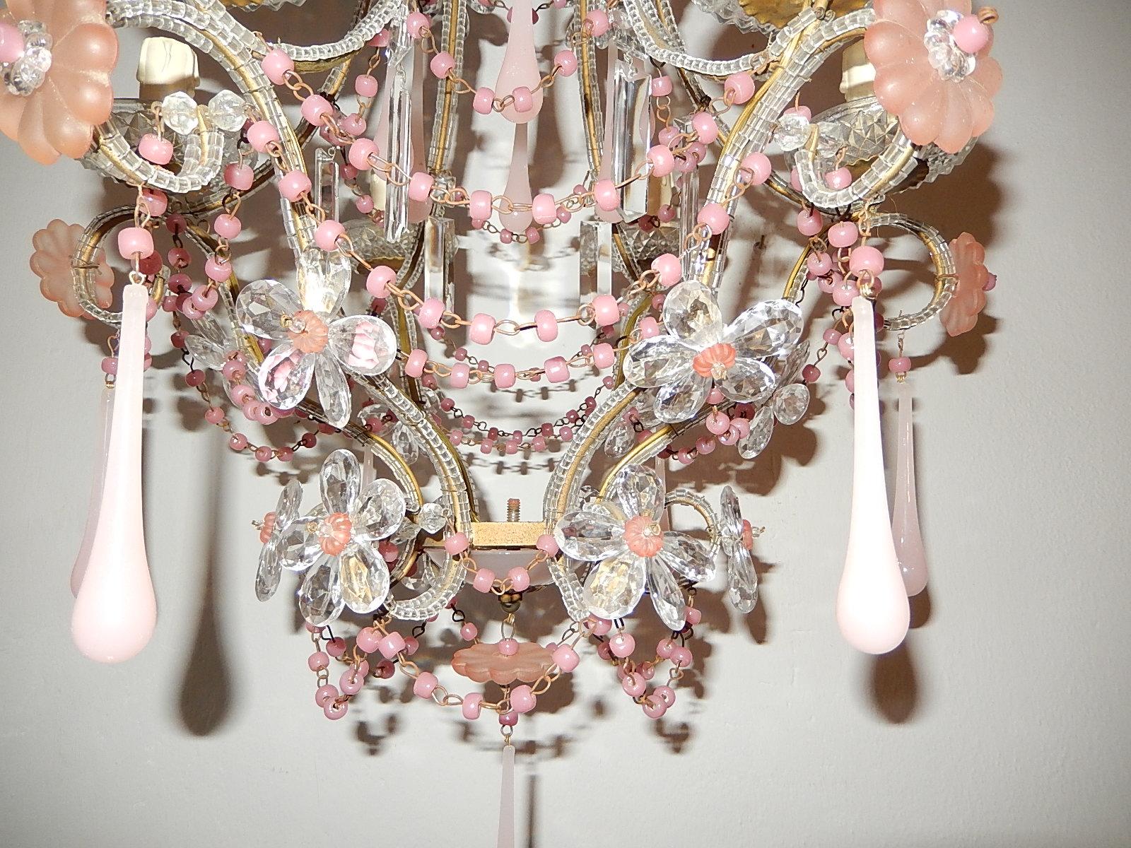 French Pink Opaline Murano Drops and Beads Beaded Chandelier In Good Condition In Modena (MO), Modena (Mo)