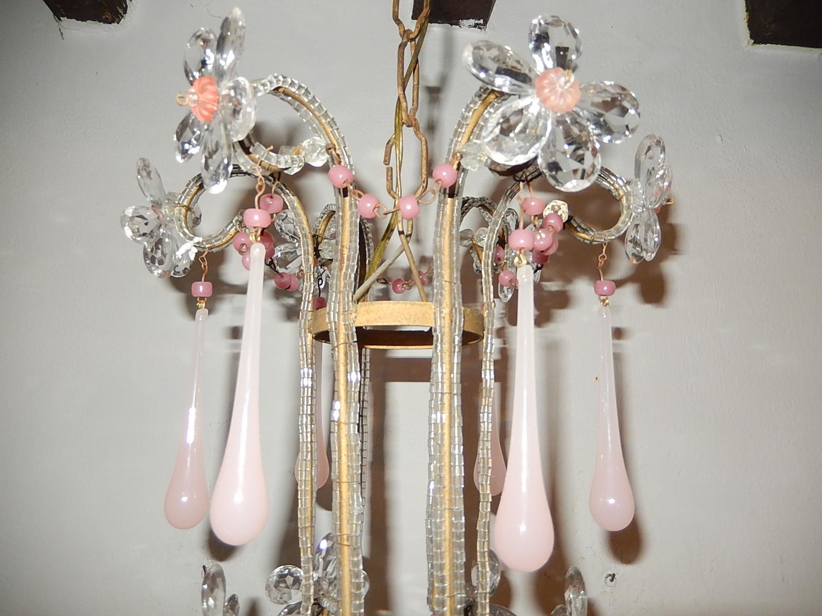 Early 20th Century French Pink Opaline Murano Drops and Beads Beaded Chandelier