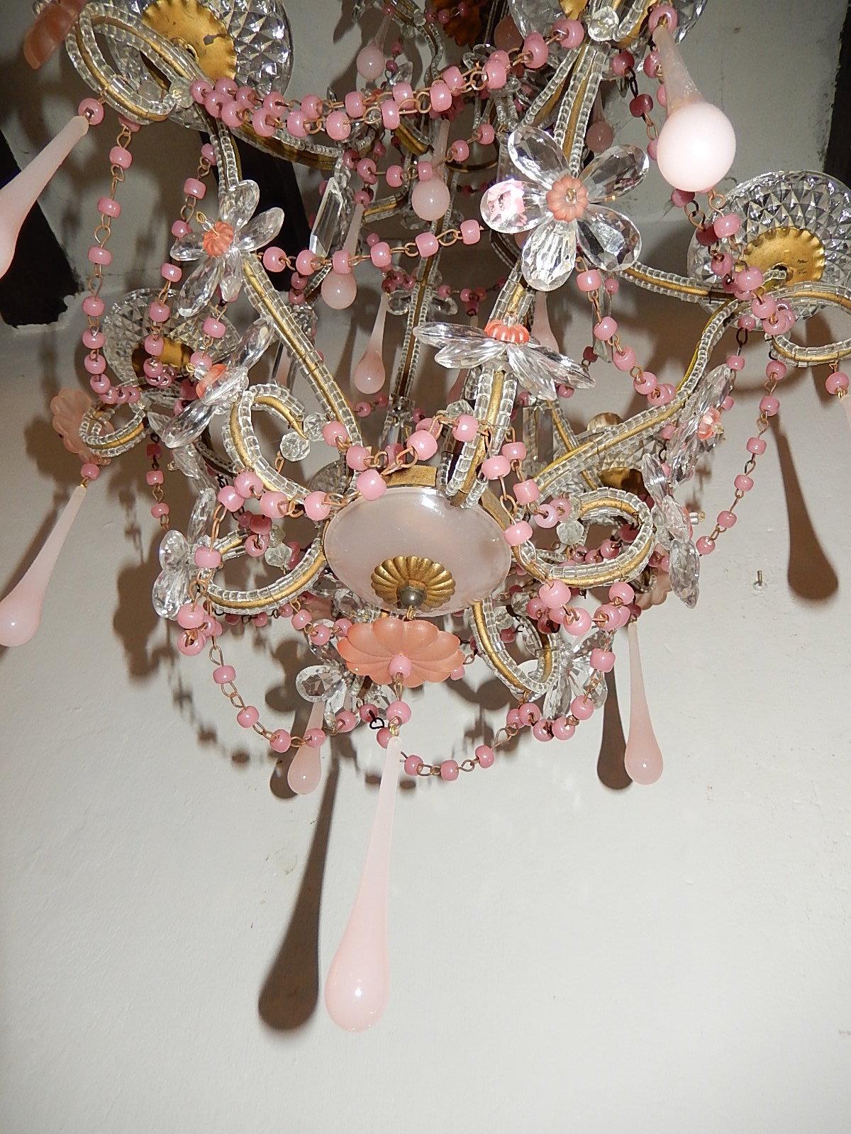 Murano Glass French Pink Opaline Murano Drops and Beads Beaded Chandelier