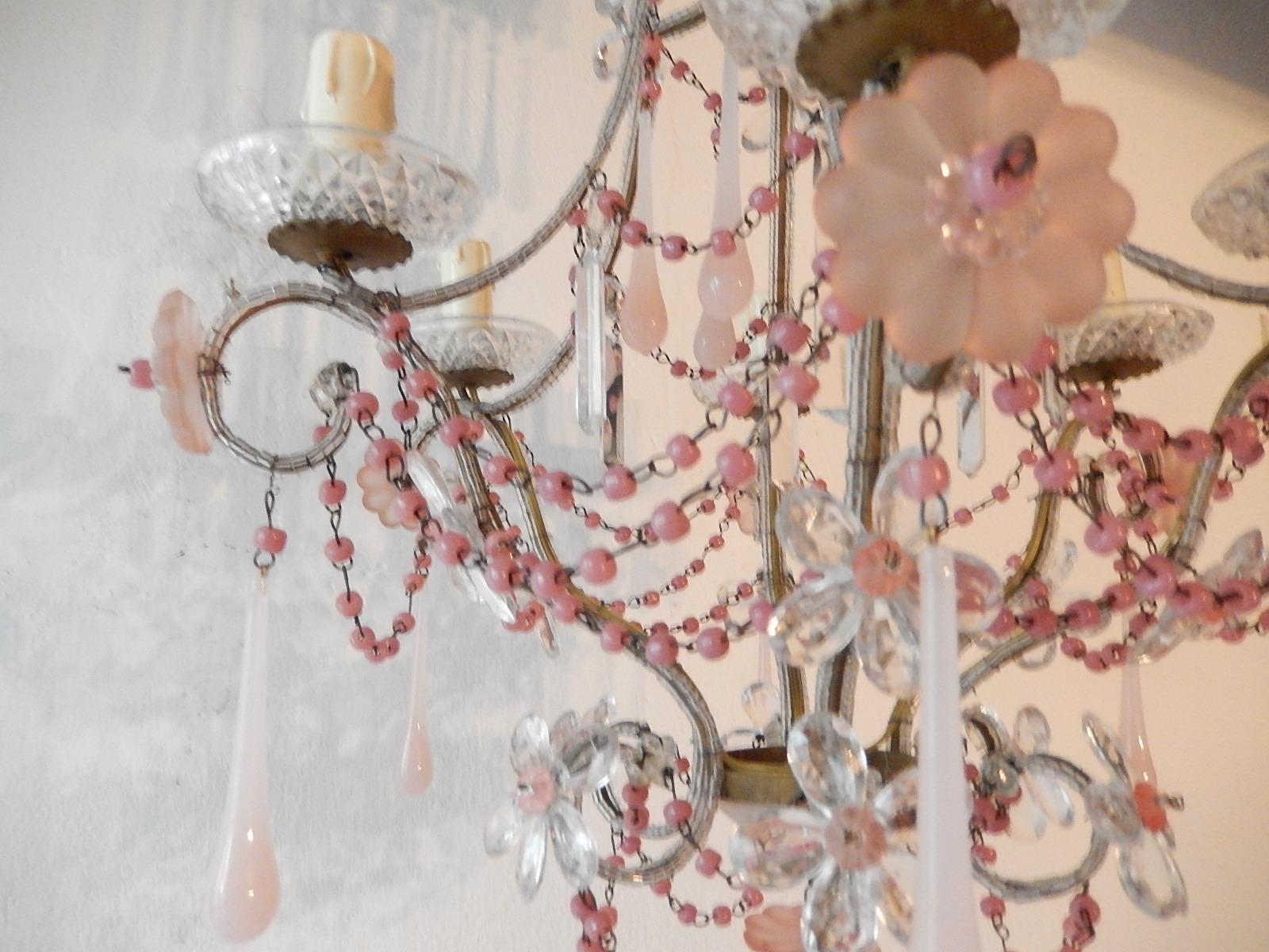 French Pink Opaline Murano Drops and Beads Beaded Chandelier 1