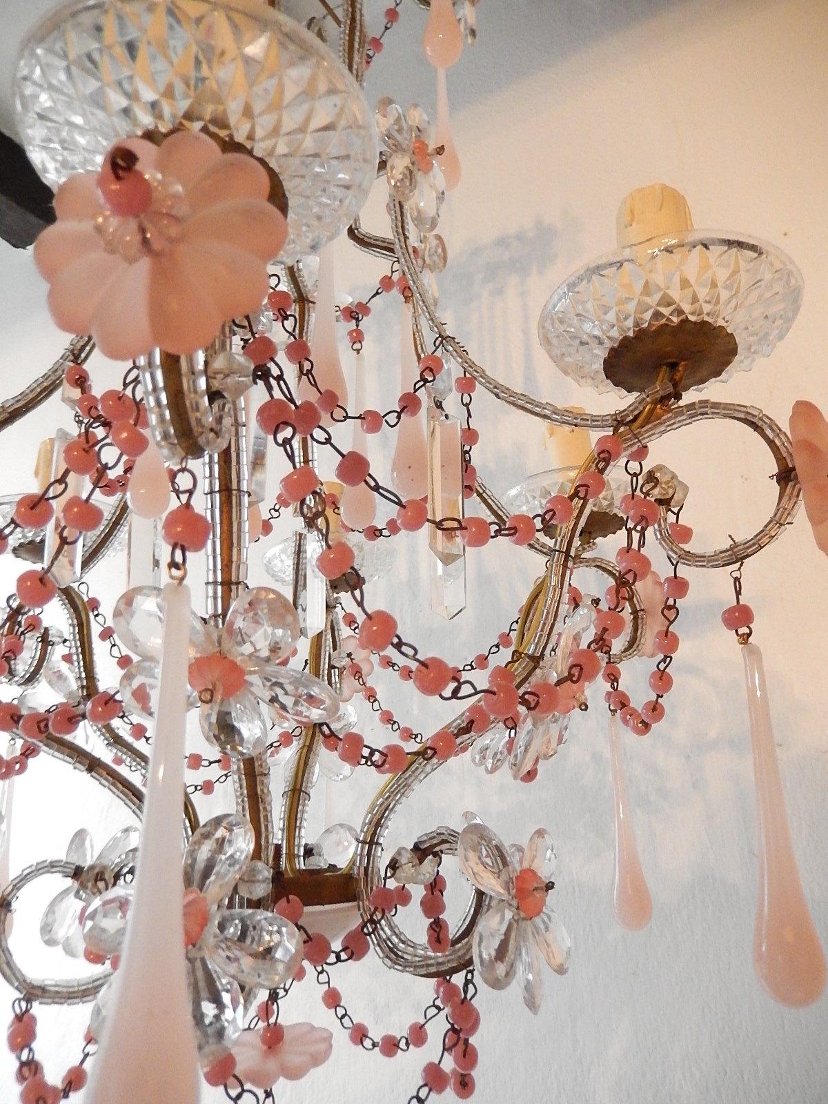 French Pink Opaline Murano Drops and Beads Beaded Chandelier 2