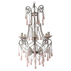 French Pink Opaline Murano Drops and Bobeches Chandelier, circa 1900