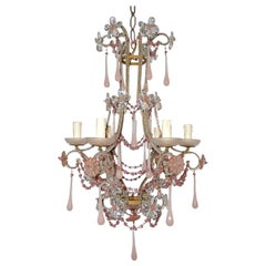French Pink Opaline Murano Drops Bobeches and Beads Beaded Chandelier