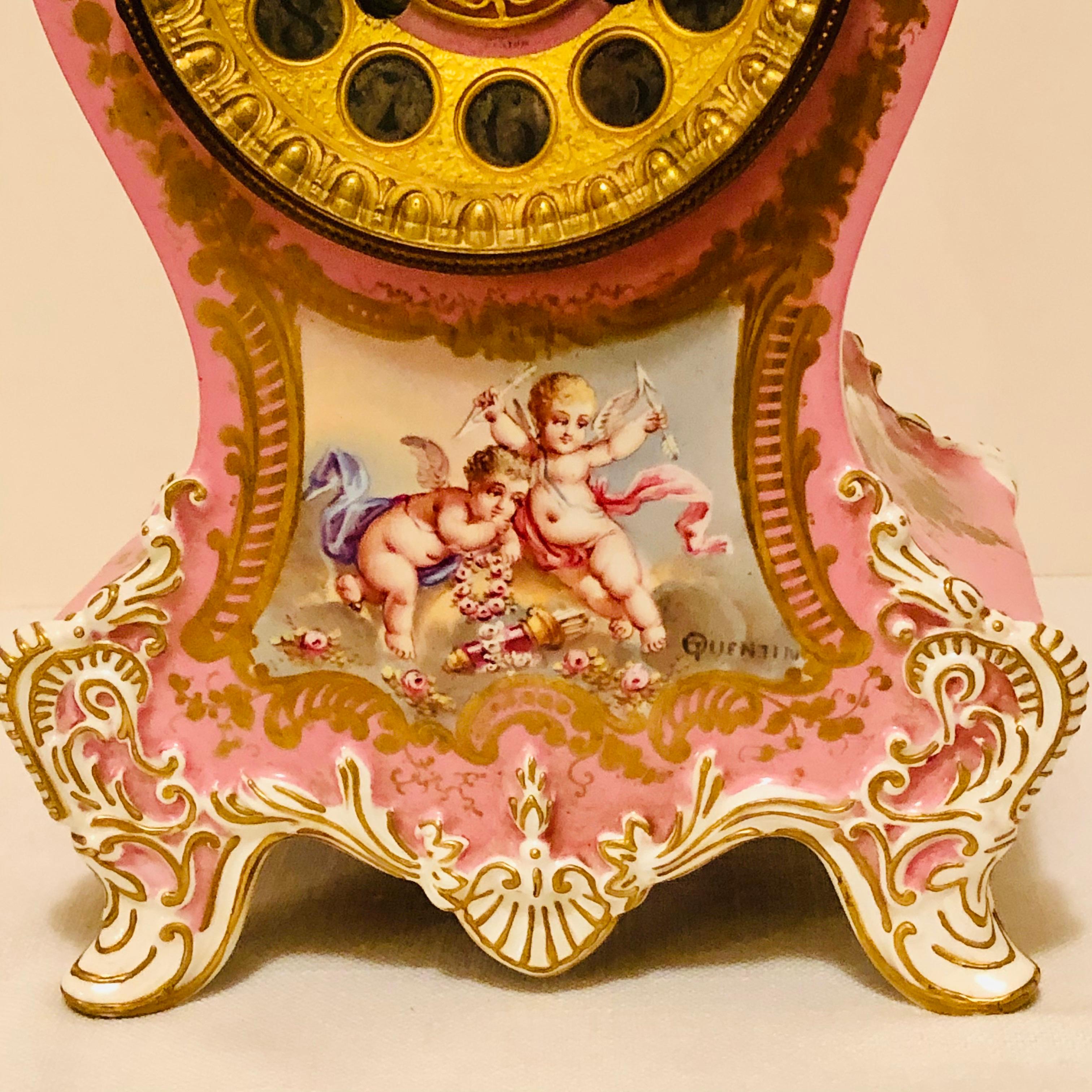French Pink Pompadeur Longwy Mantel Clock with Etienne Maxant Brevete Works 1