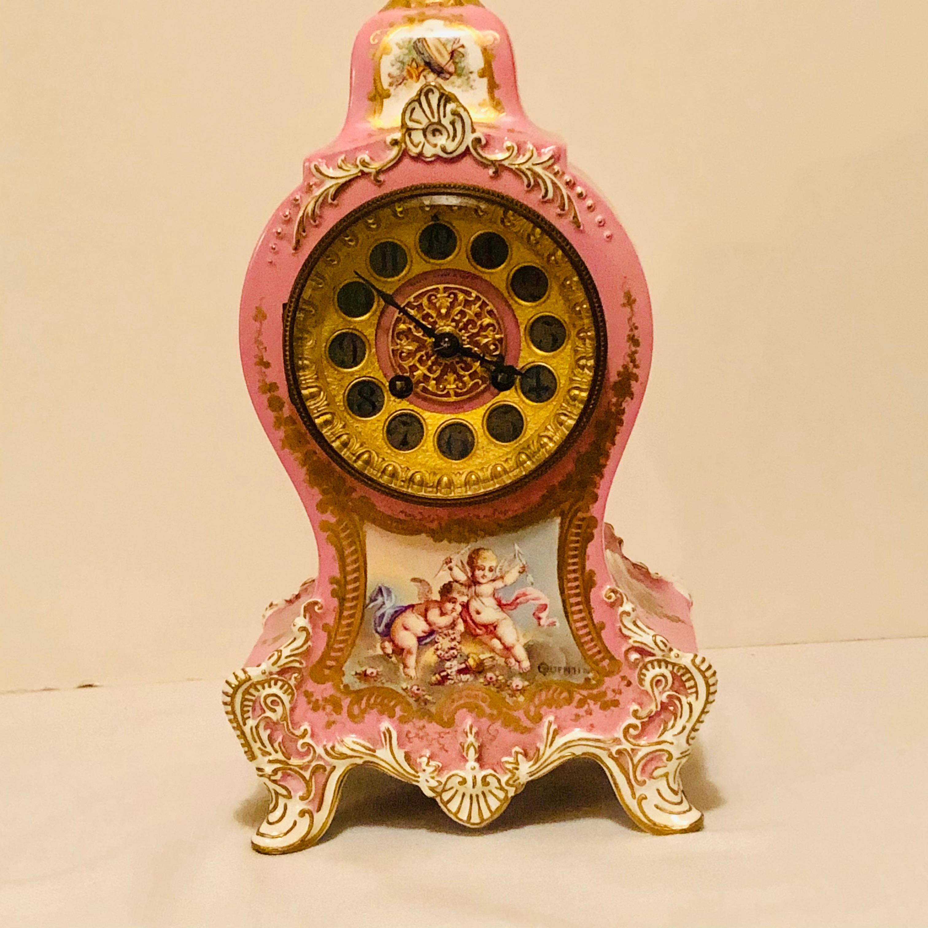 French Pink Pompadeur Longwy Mantel Clock with Etienne Maxant Brevete Works 2