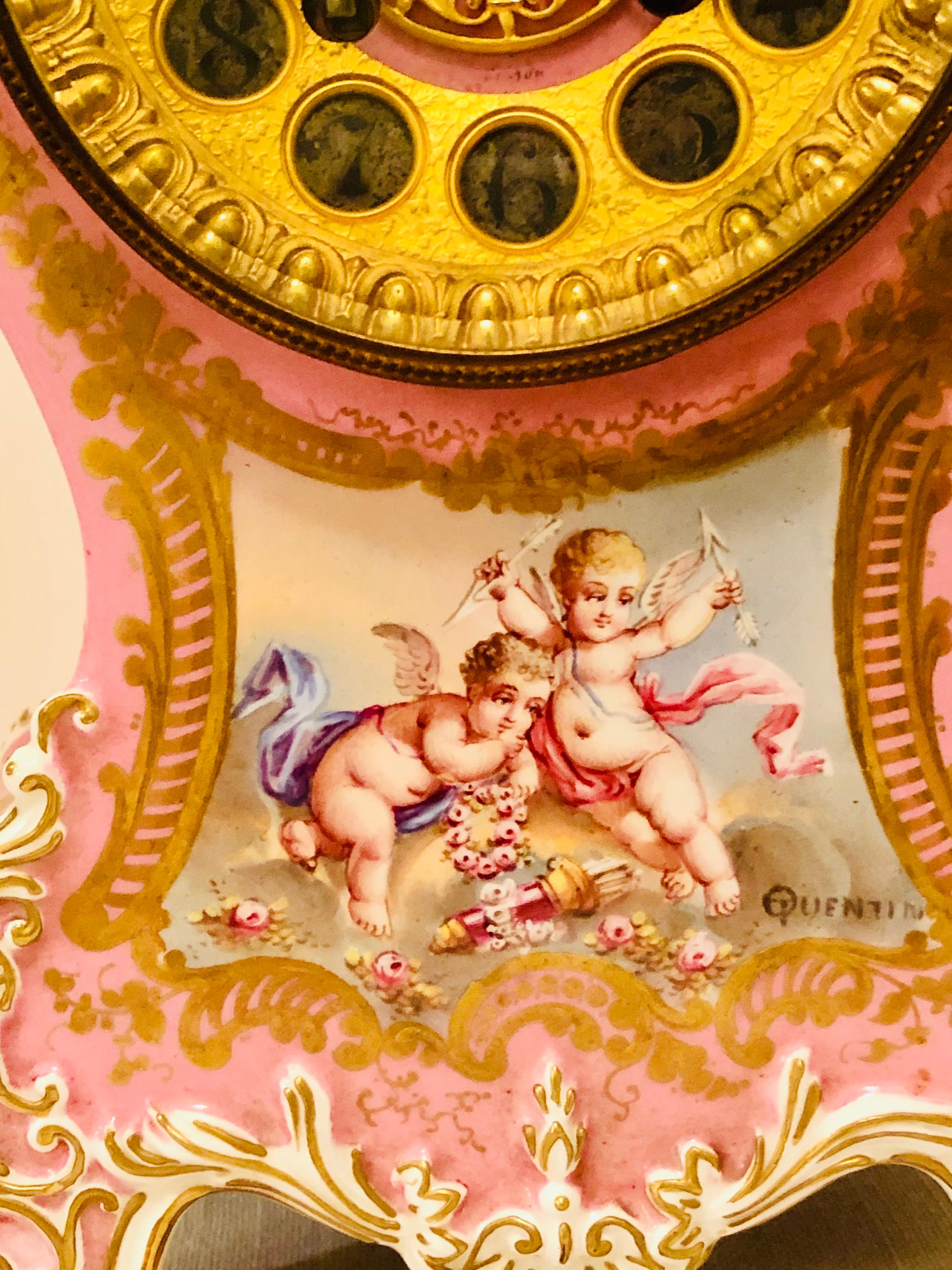 French Pink Pompadeur Longwy Mantel Clock with Etienne Maxant Brevete Works 3