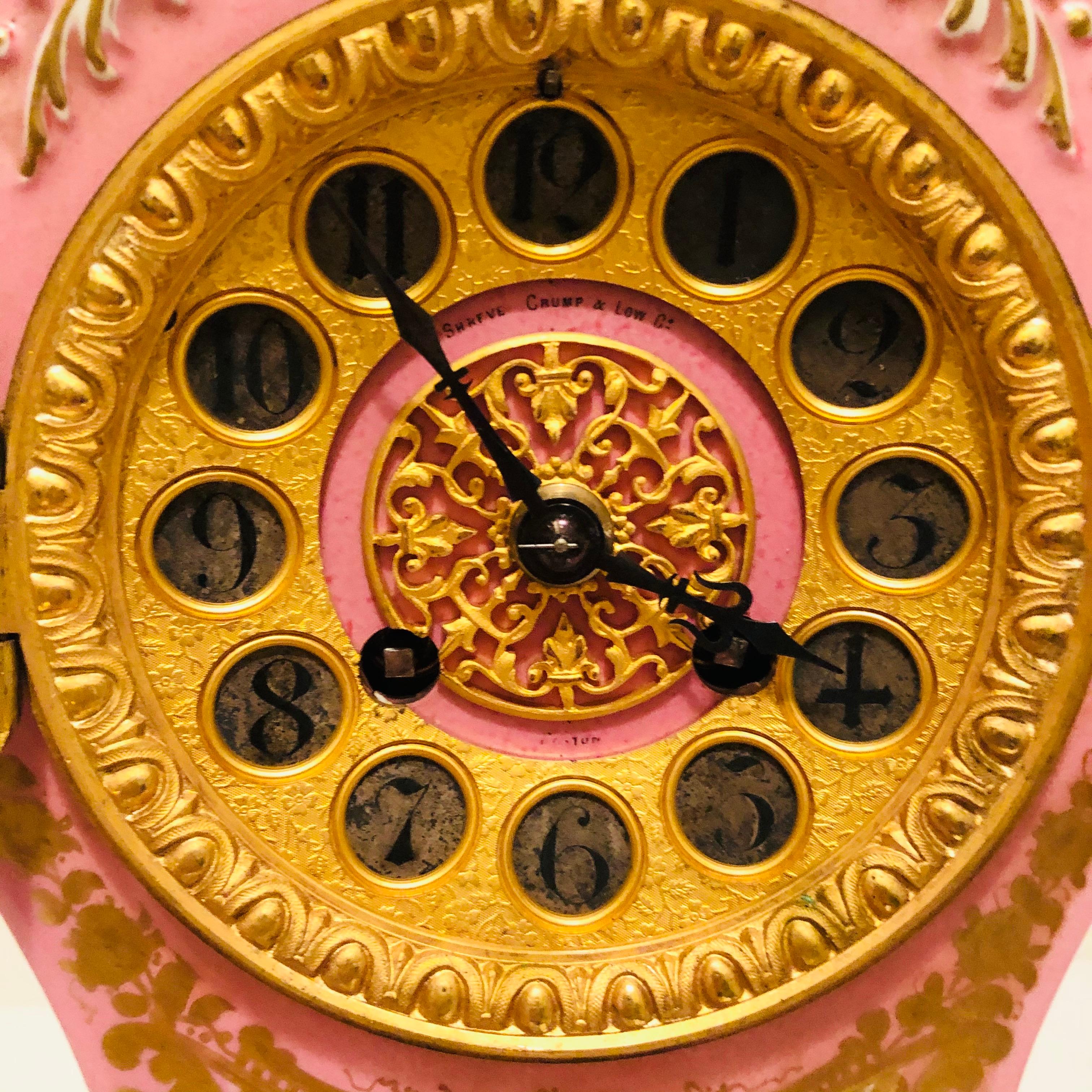 French Pink Pompadeur Longwy Mantel Clock with Etienne Maxant Brevete Works 4