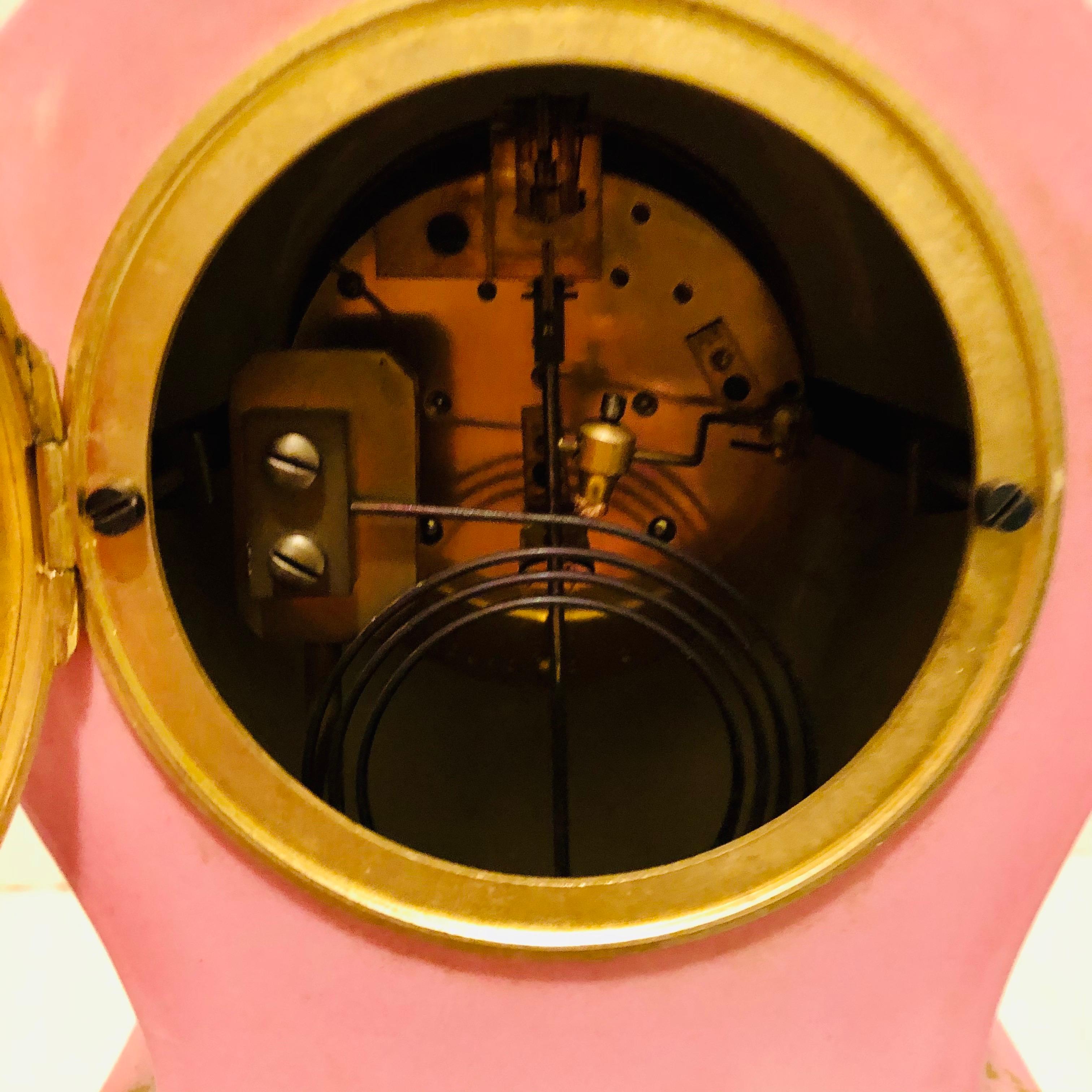 French Pink Pompadeur Longwy Mantel Clock with Etienne Maxant Brevete Works 8