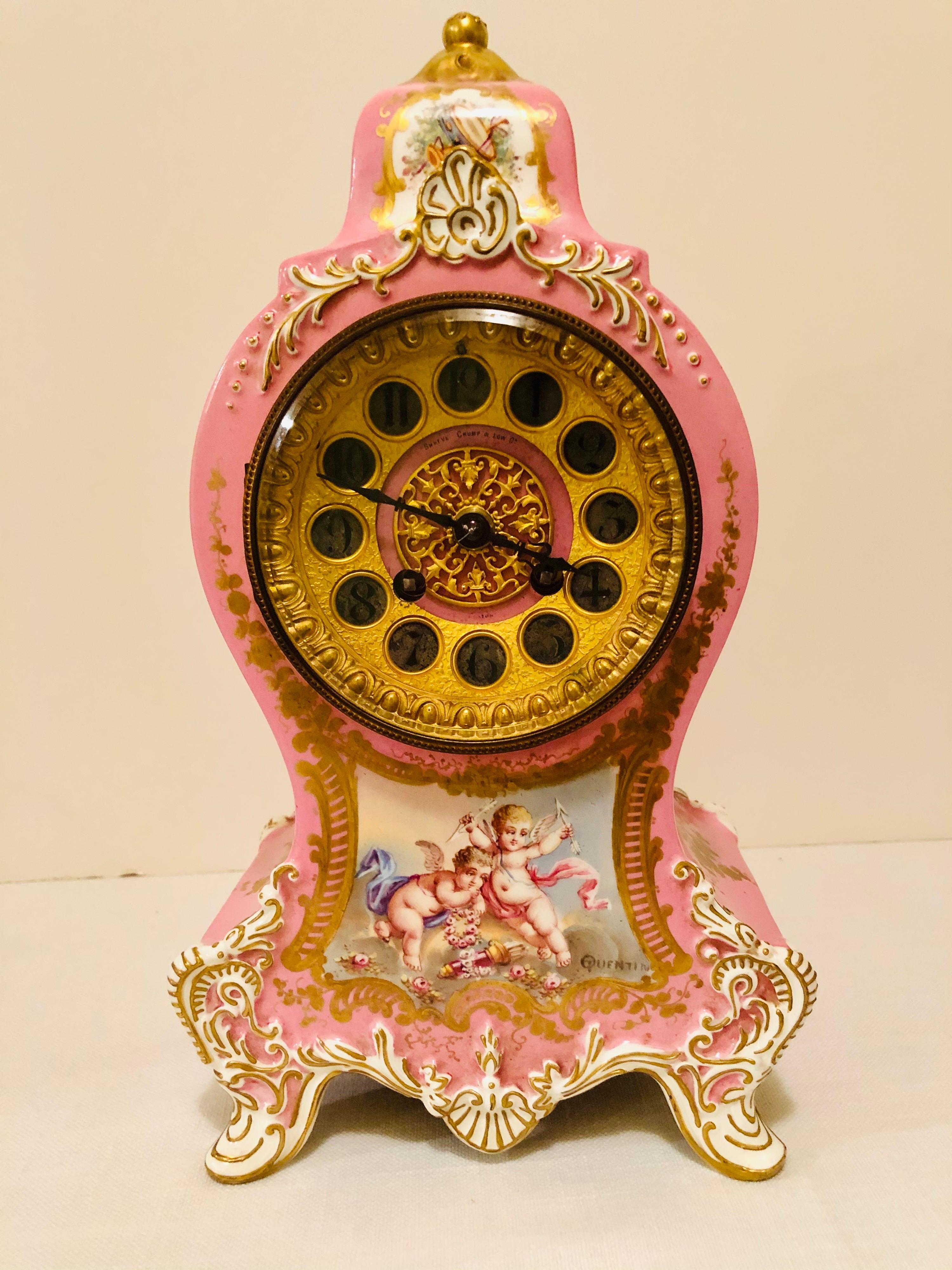 French Pink Pompadeur Longwy Mantel Clock with Etienne Maxant Brevete Works 9