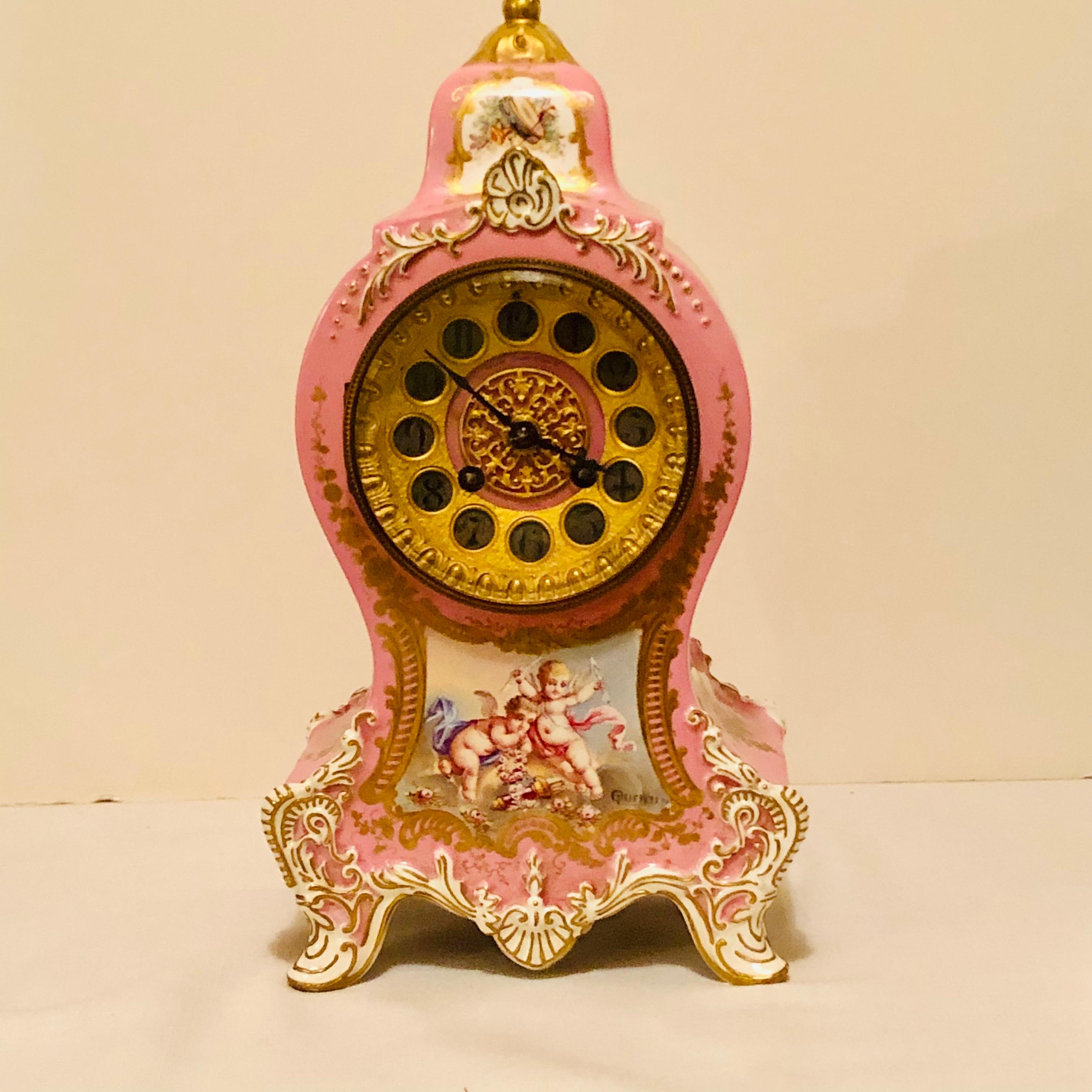 Hand-Painted French Pink Pompadeur Longwy Mantel Clock with Etienne Maxant Brevete Works