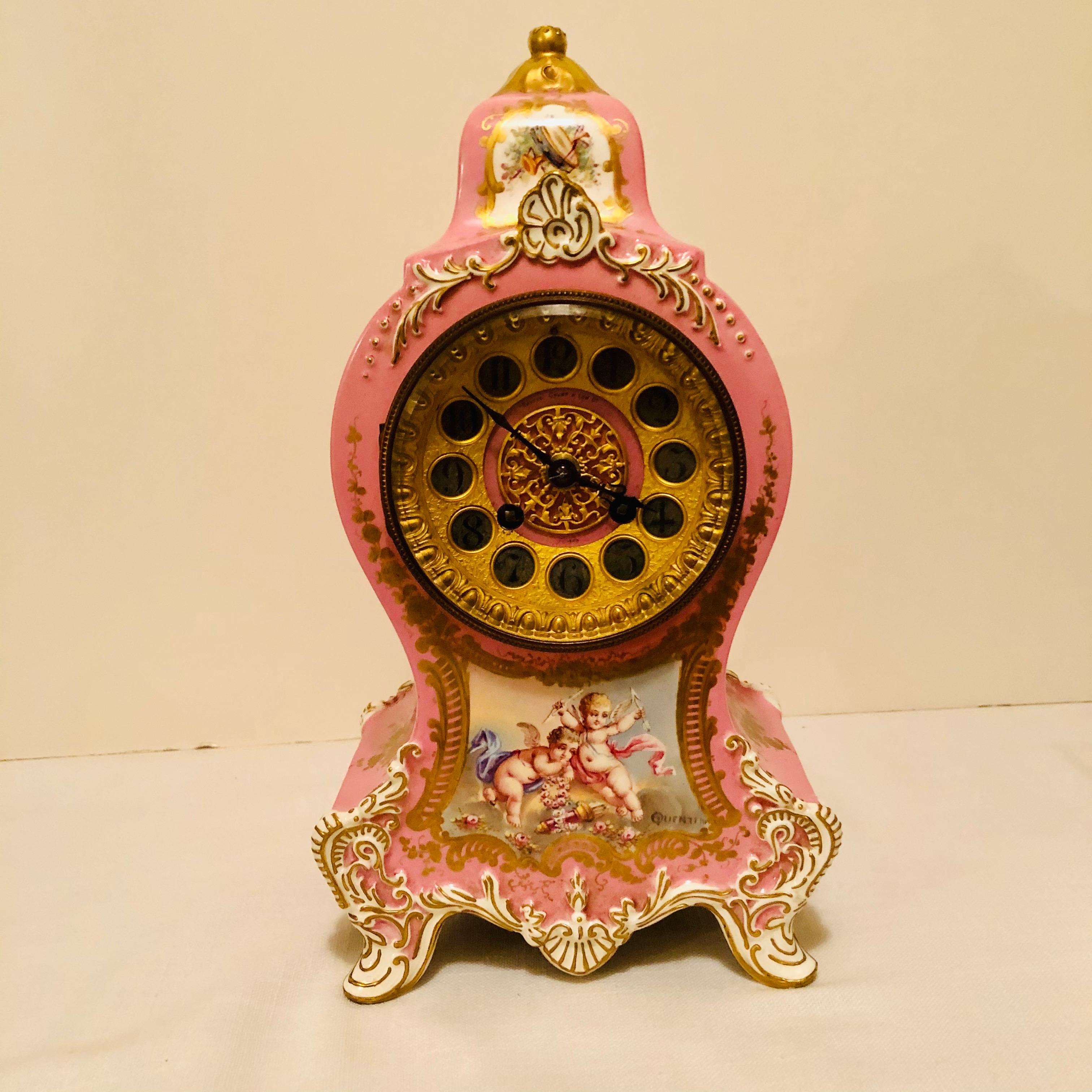 French Pink Pompadeur Longwy Mantel Clock with Etienne Maxant Brevete Works In Excellent Condition In Boston, MA