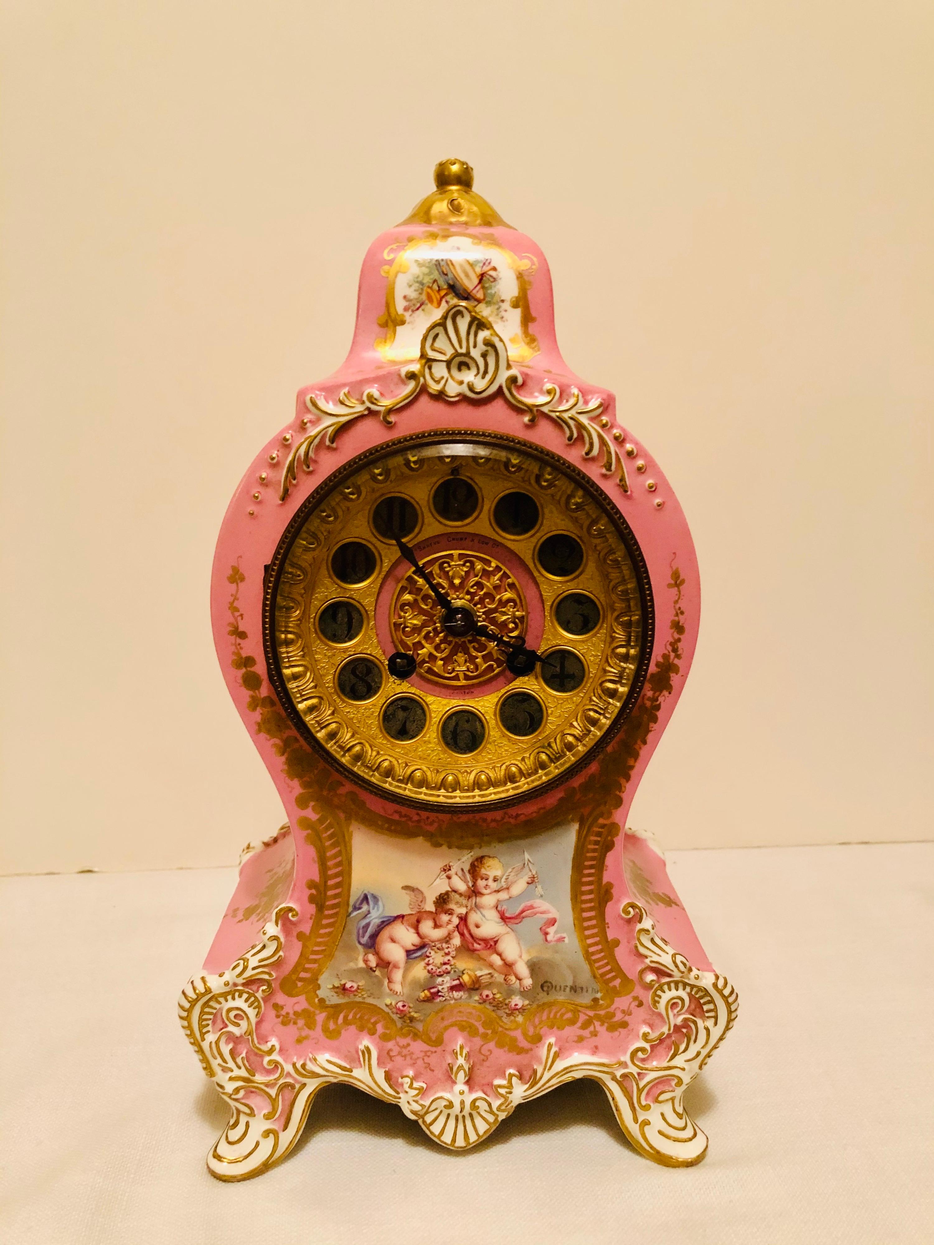 Late 19th Century French Pink Pompadeur Longwy Mantel Clock with Etienne Maxant Brevete Works