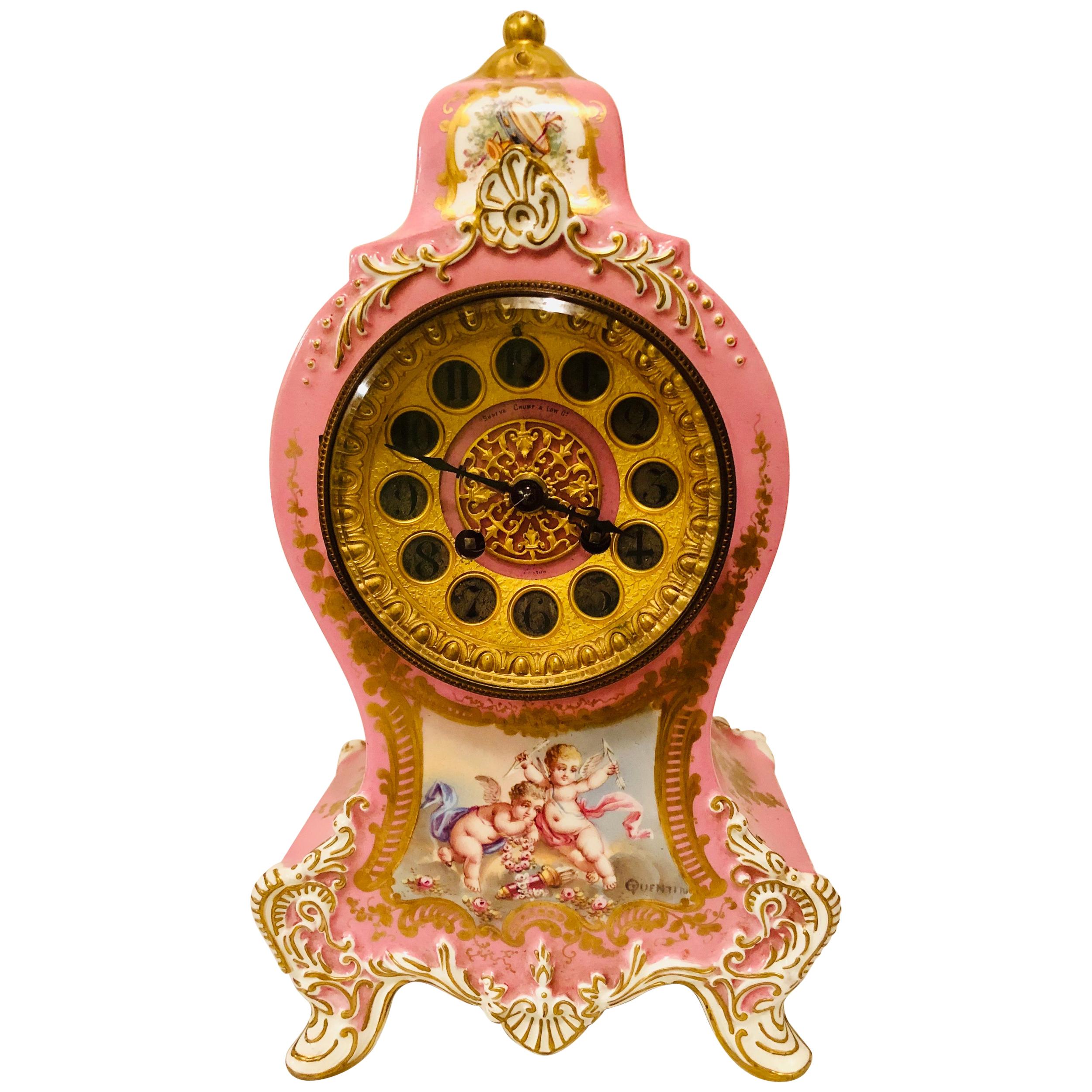 French Pink Pompadeur Longwy Mantel Clock with Etienne Maxant Brevete Works