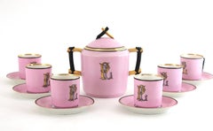 French Pink Porcelain Art Deco Chinoiserie Coffee Tea Service for Six