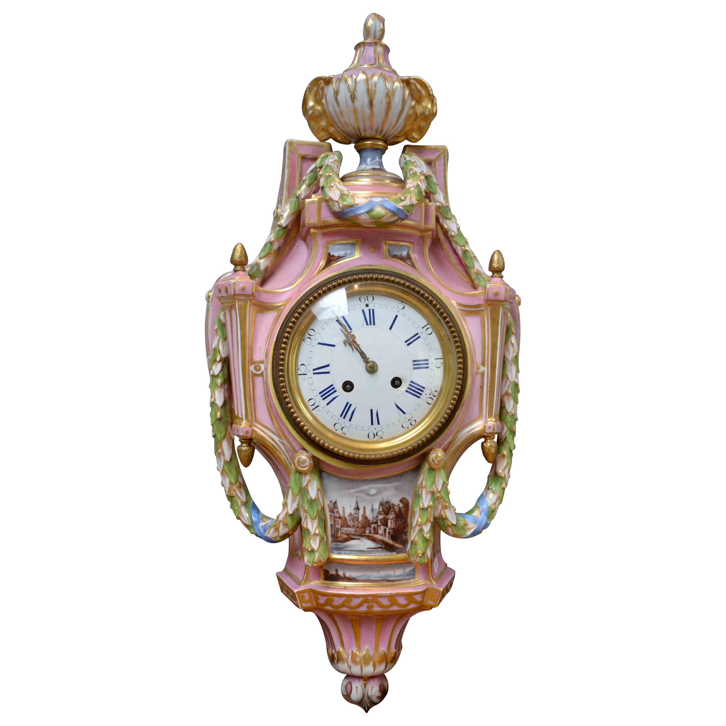 French Late 19 Century Pink Porcelain Cartel Clock Attributed to Samson and Cie For Sale