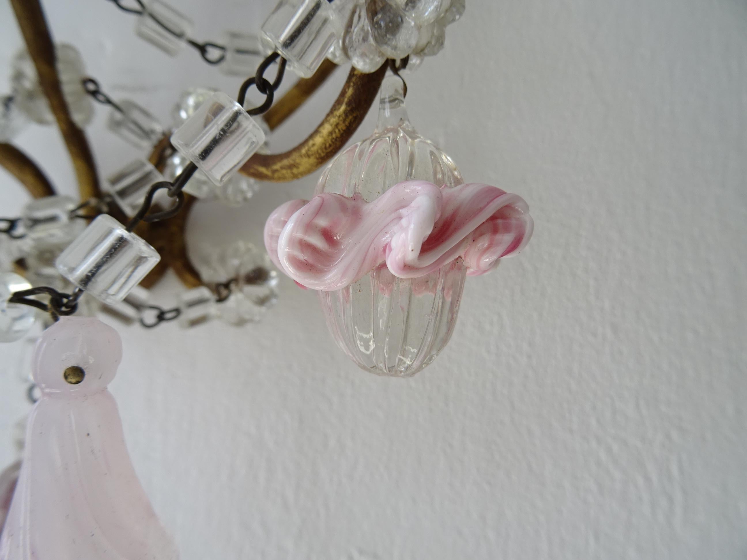 French Pink Ribbon Murano Opaline Drops & Bells Crystal Swags Sconces um 1920 im Angebot 4