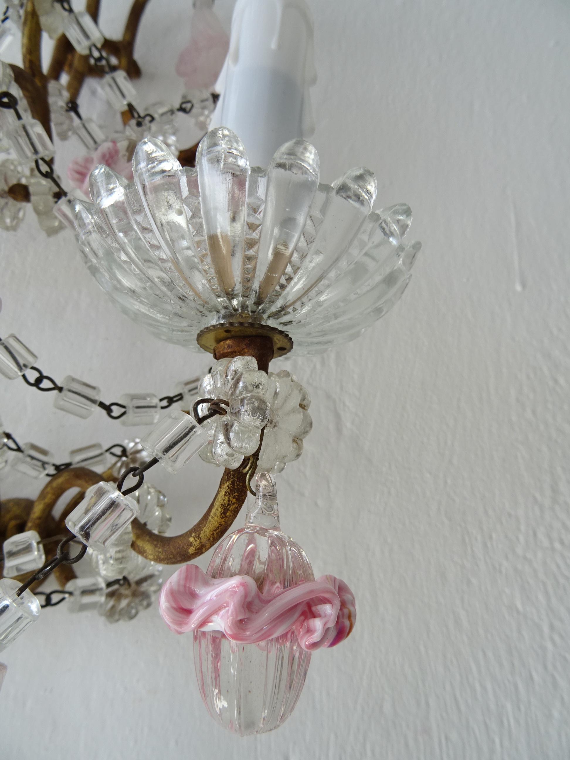 French Pink Ribbon Murano Opaline Drops & Bells Crystal Swags Sconces um 1920 im Angebot 5