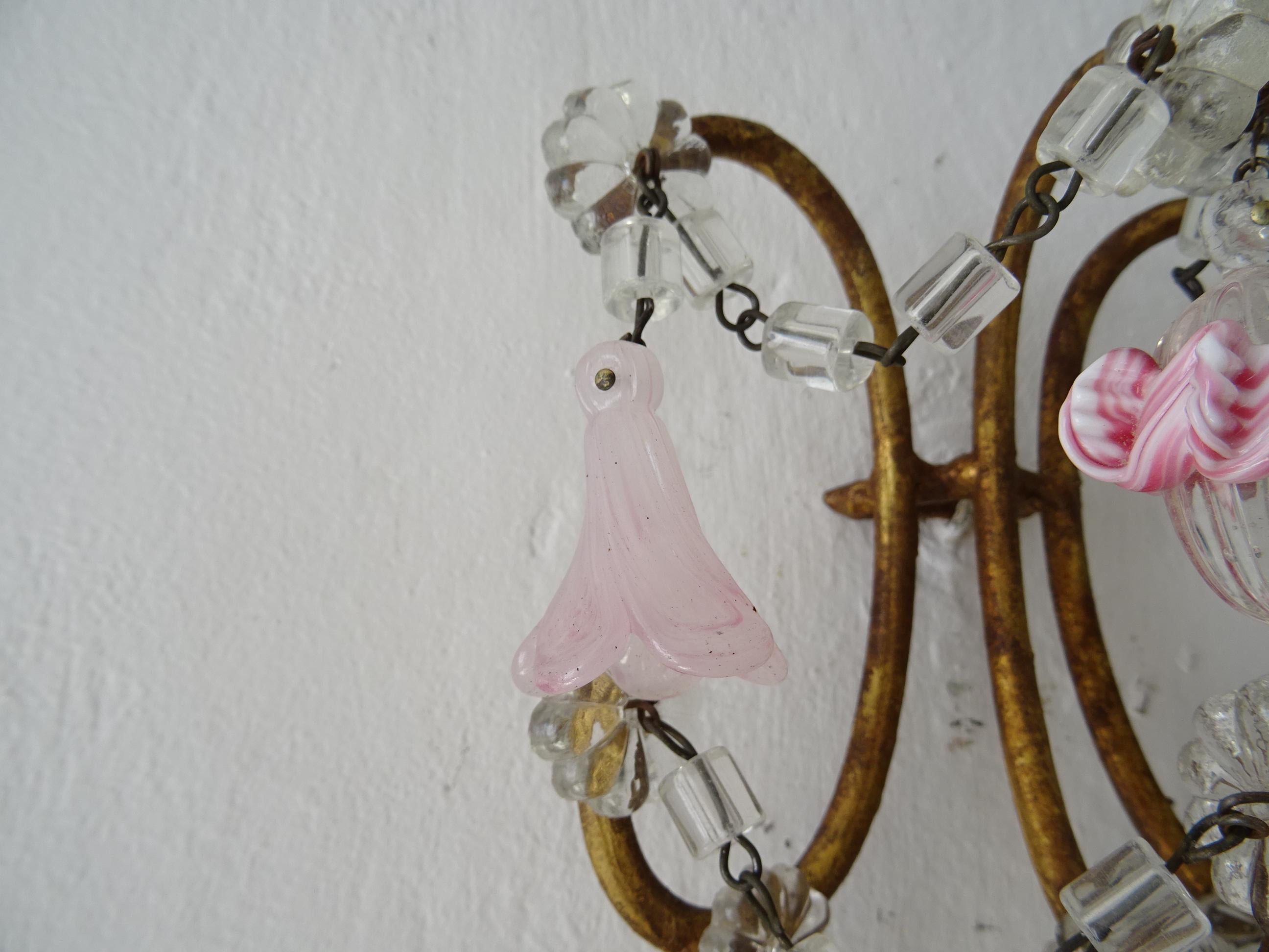 French Pink Ribbon Murano Opaline Drops & Bells Crystal Swags Sconces c 1920 For Sale 8