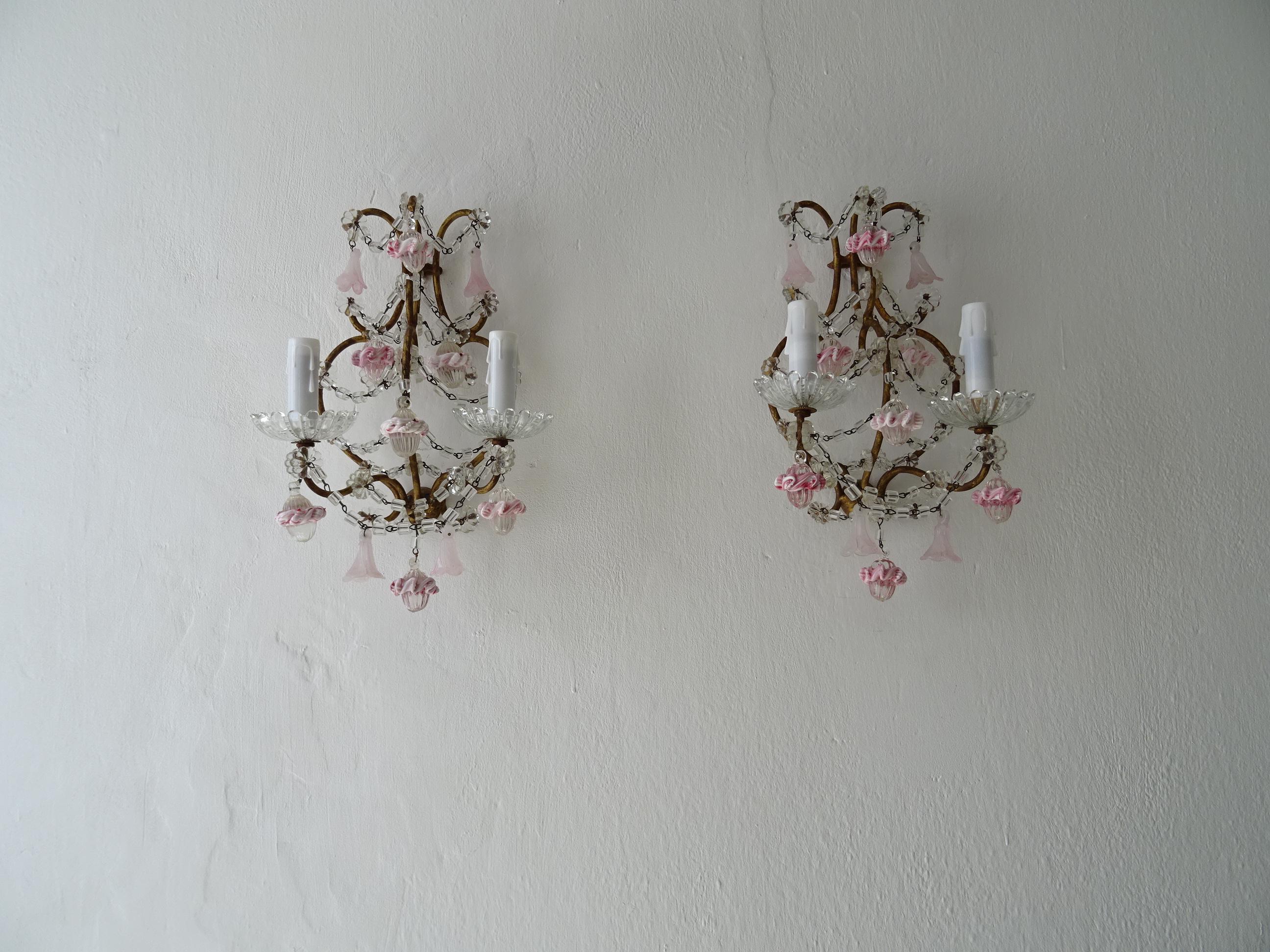 French Pink Ribbon Murano Opaline Drops & Bells Crystal Swags Sconces um 1920 im Angebot 7