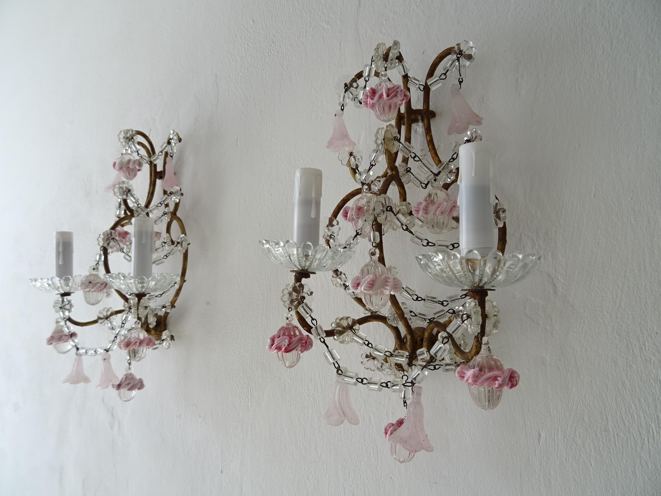 French Pink Ribbon Murano Opaline Drops & Bells Crystal Swags Sconces c 1920 In Good Condition For Sale In Firenze, Toscana