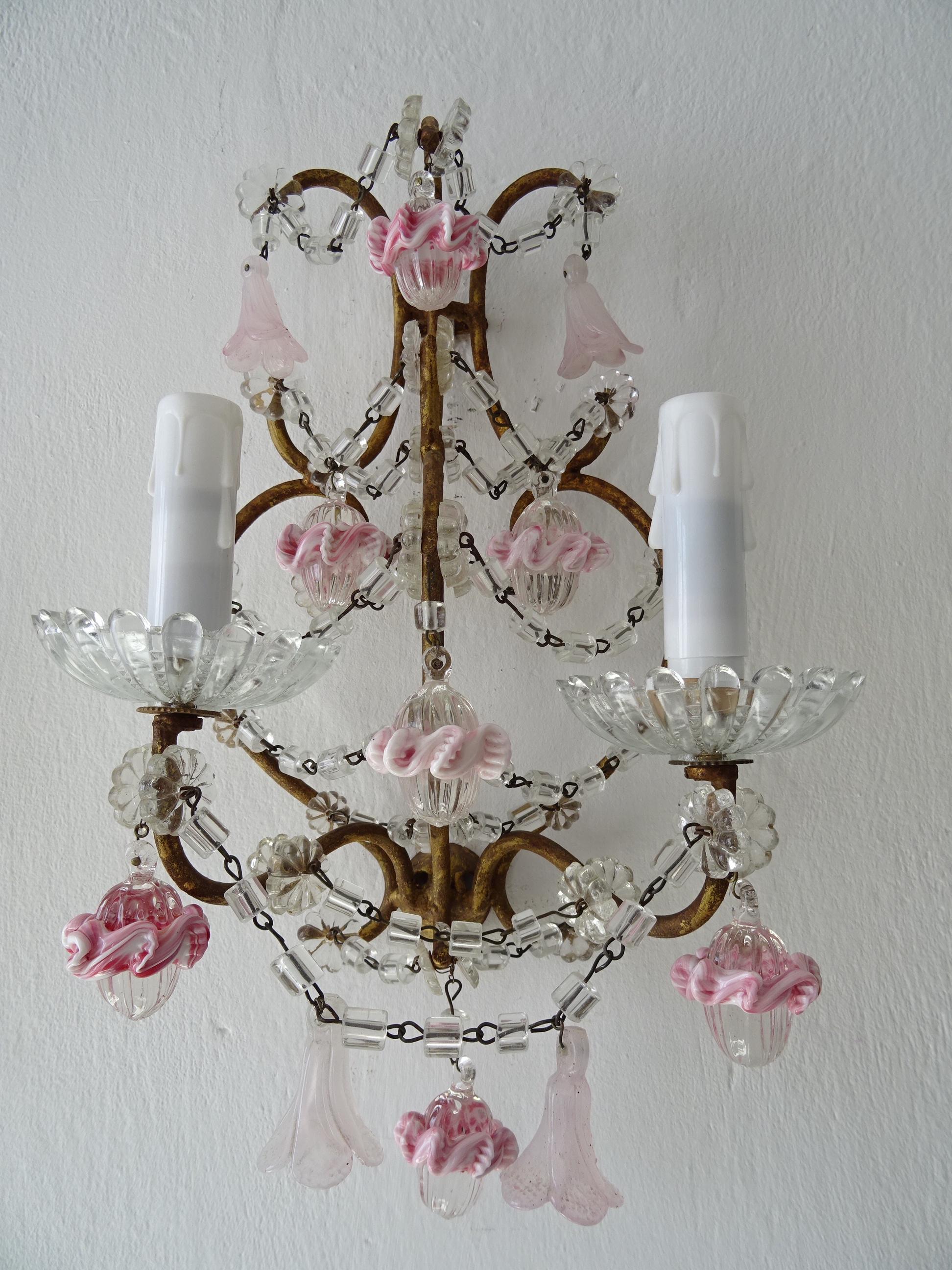 Early 20th Century French Pink Ribbon Murano Opaline Drops & Bells Crystal Swags Sconces c 1920 For Sale