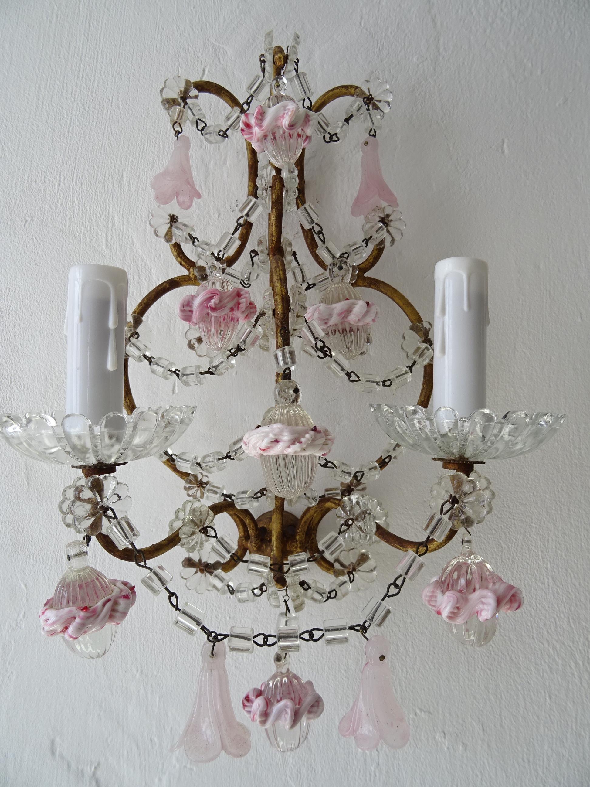 French Pink Ribbon Murano Opaline Drops & Bells Crystal Swags Sconces c 1920 For Sale 1