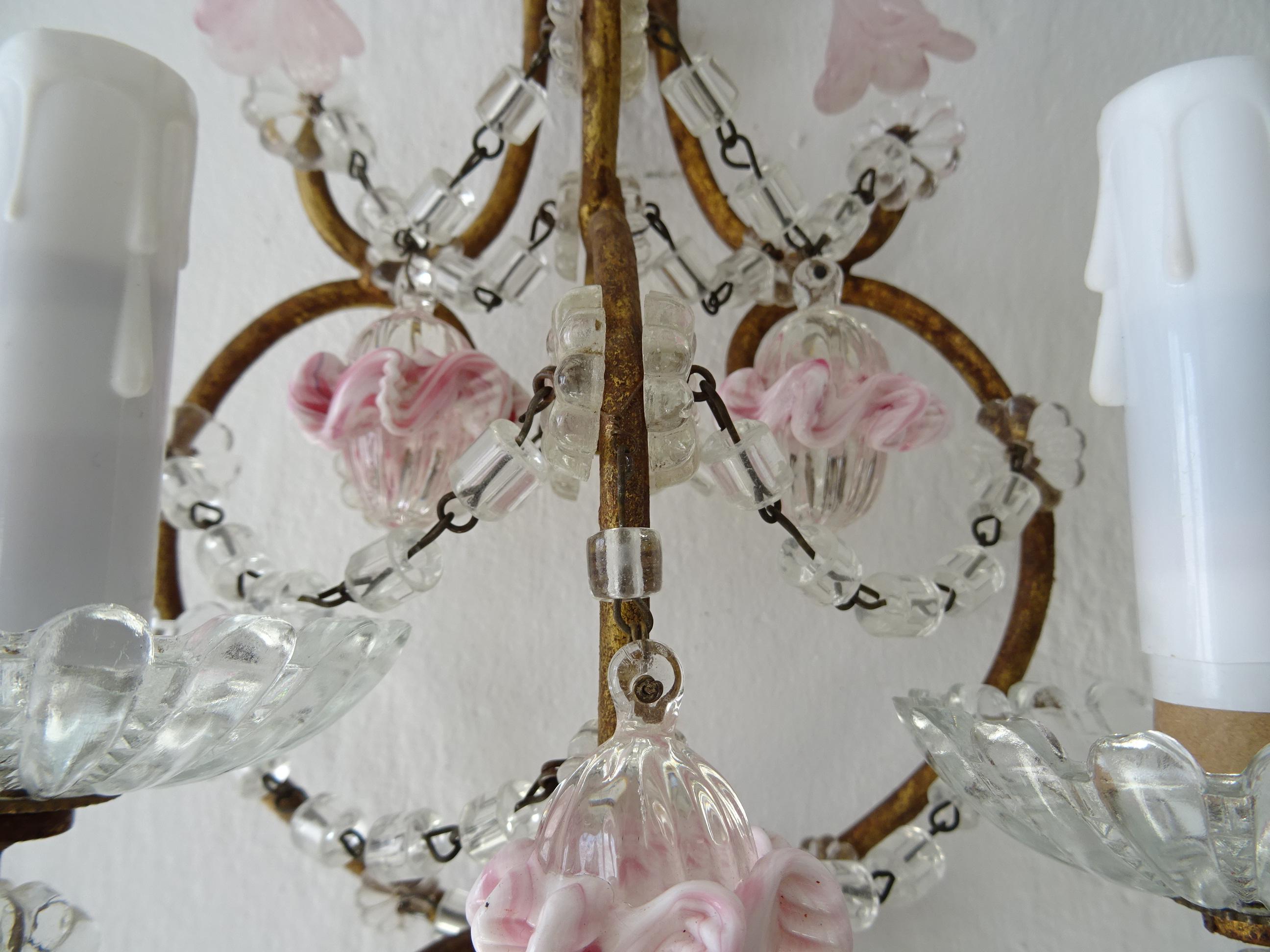 French Pink Ribbon Murano Opaline Drops & Bells Crystal Swags Sconces um 1920 (Kristall) im Angebot