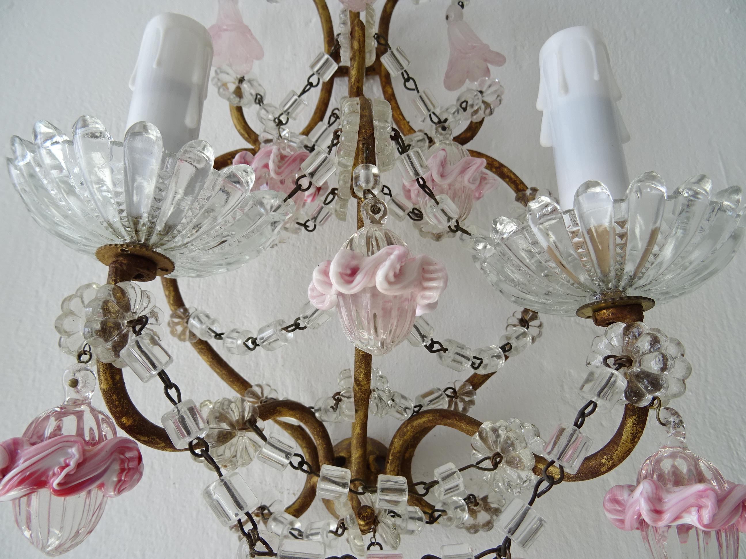 French Pink Ribbon Murano Opaline Drops & Bells Crystal Swags Sconces c 1920 For Sale 3