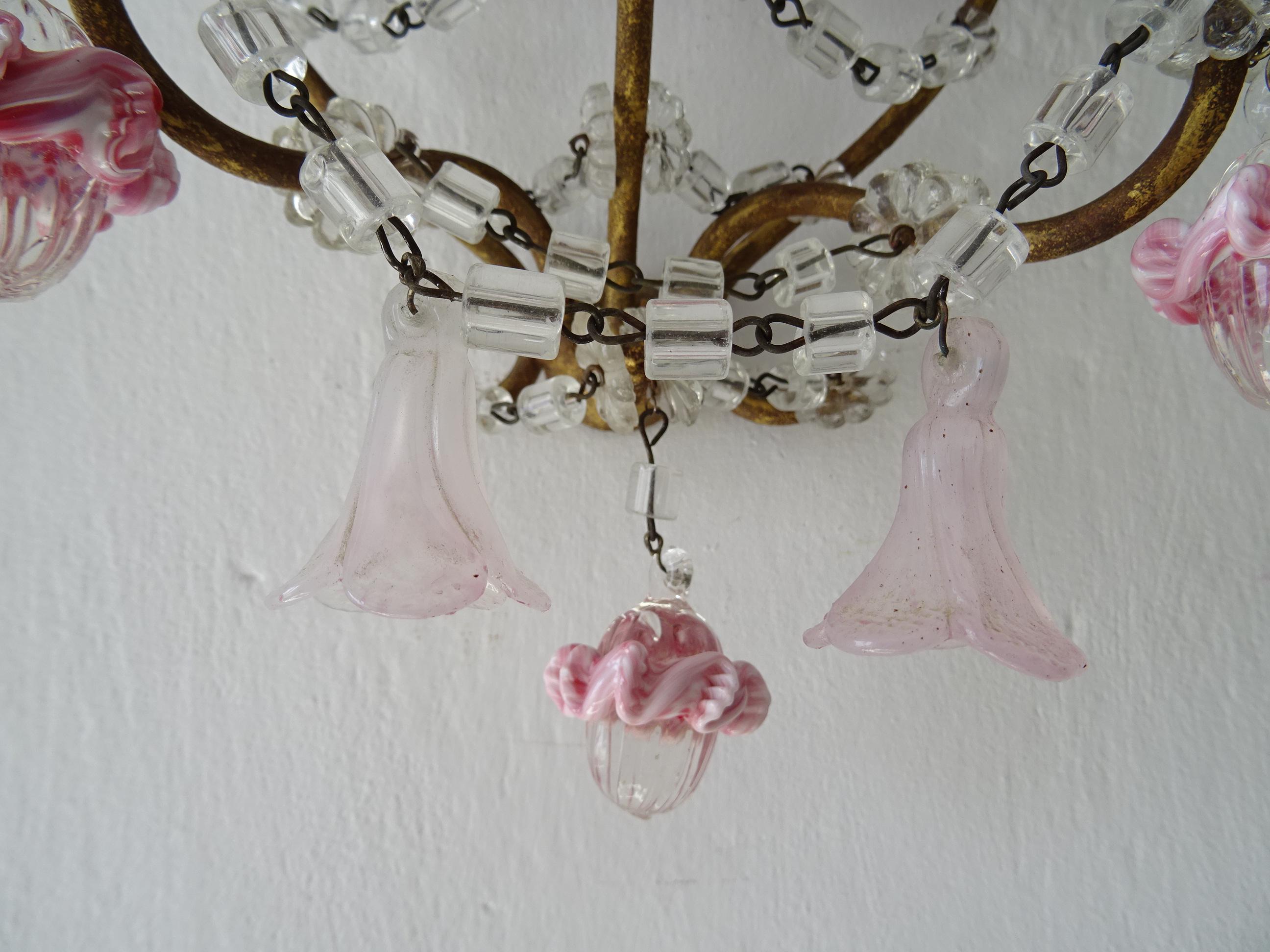French Pink Ribbon Murano Opaline Drops & Bells Crystal Swags Sconces c 1920 For Sale 4