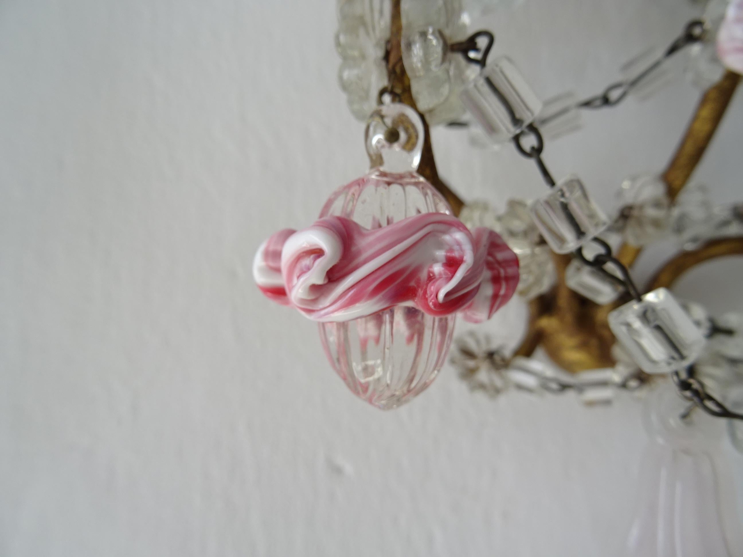 French Pink Ribbon Murano Opaline Drops & Bells Crystal Swags Sconces c 1920 For Sale 5