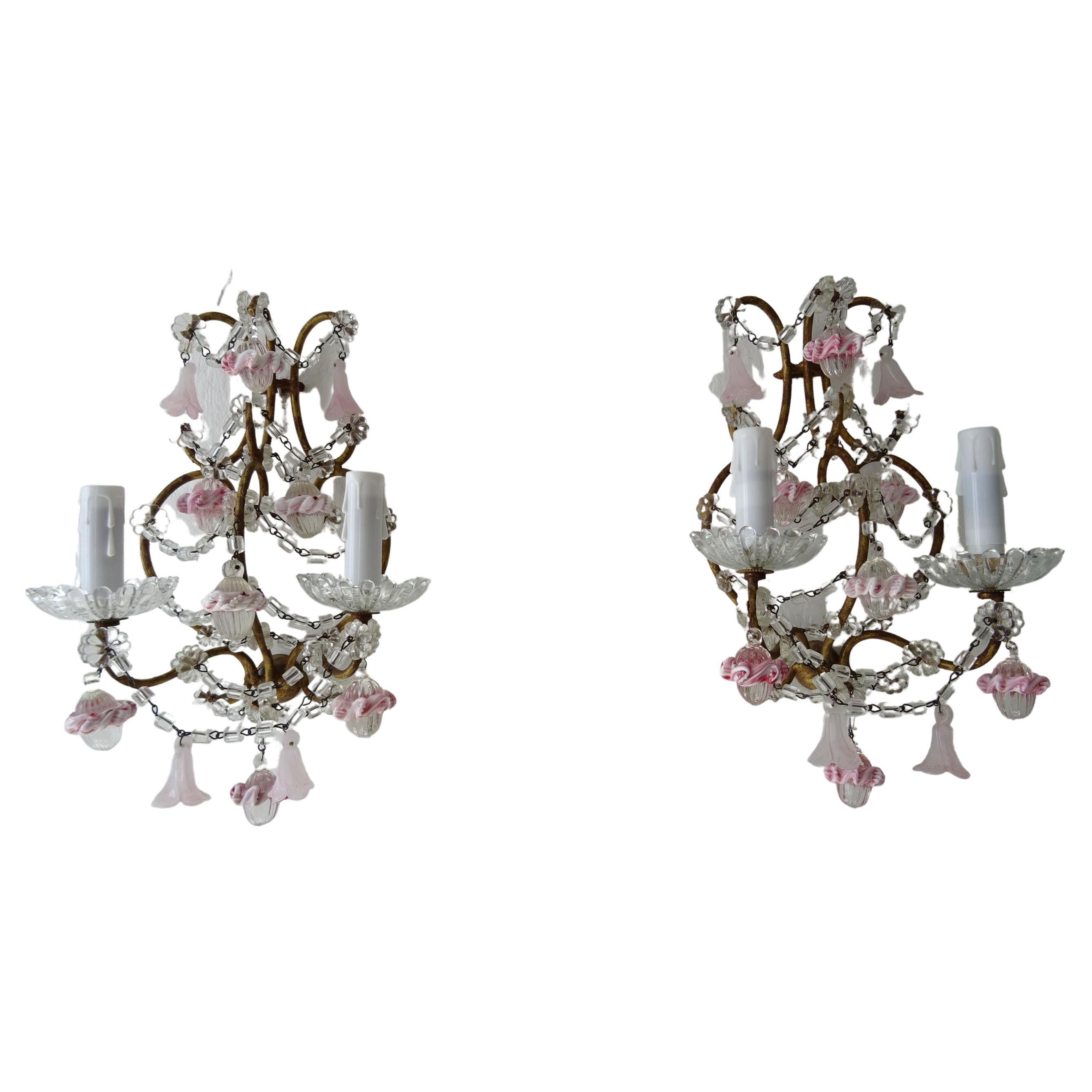 French Pink Ribbon Murano Opaline Drops & Bells Crystal Swags Sconces c 1920