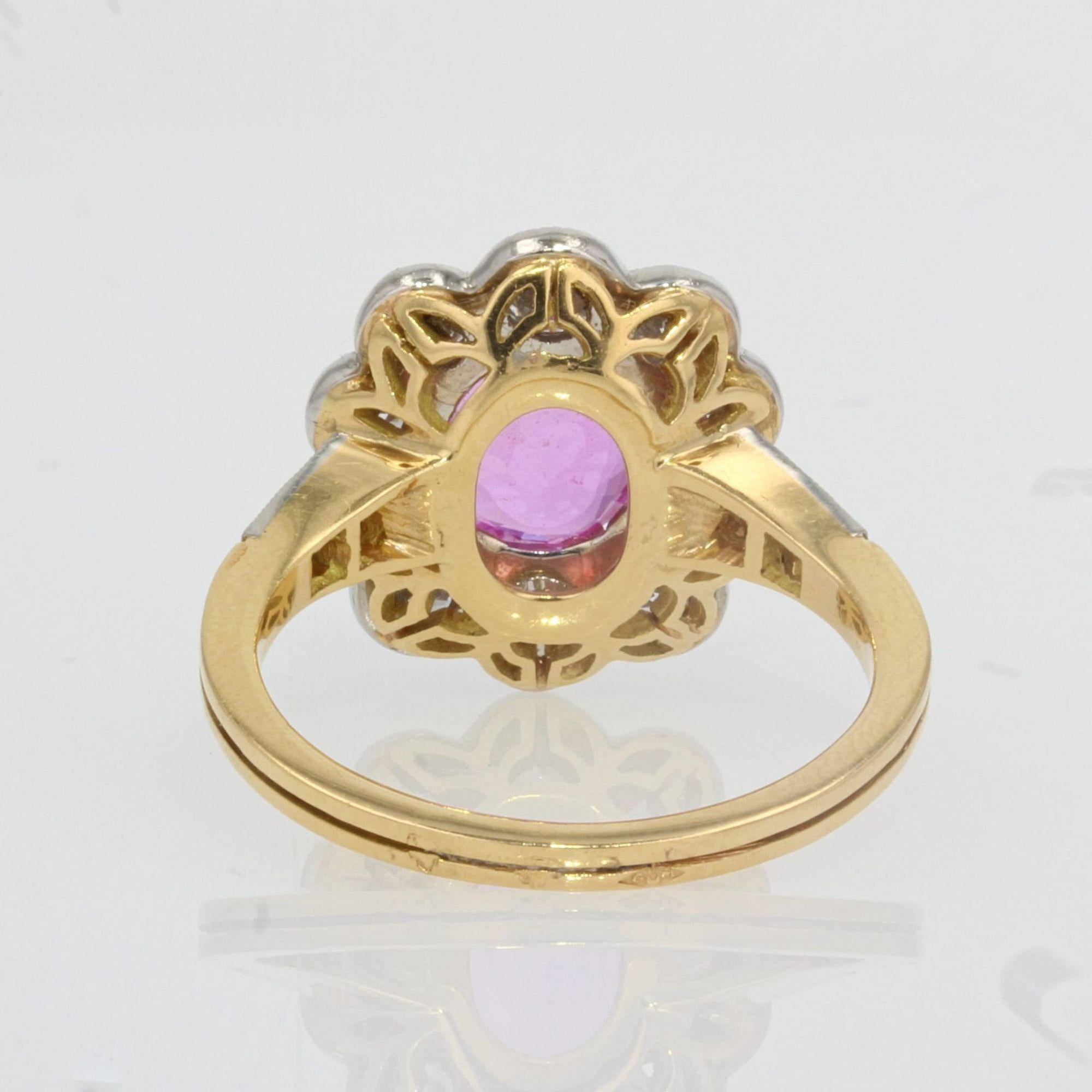 French Pink Sapphire Diamonds 18 Karat Yellow Gold Platinum Daisy Ring 1