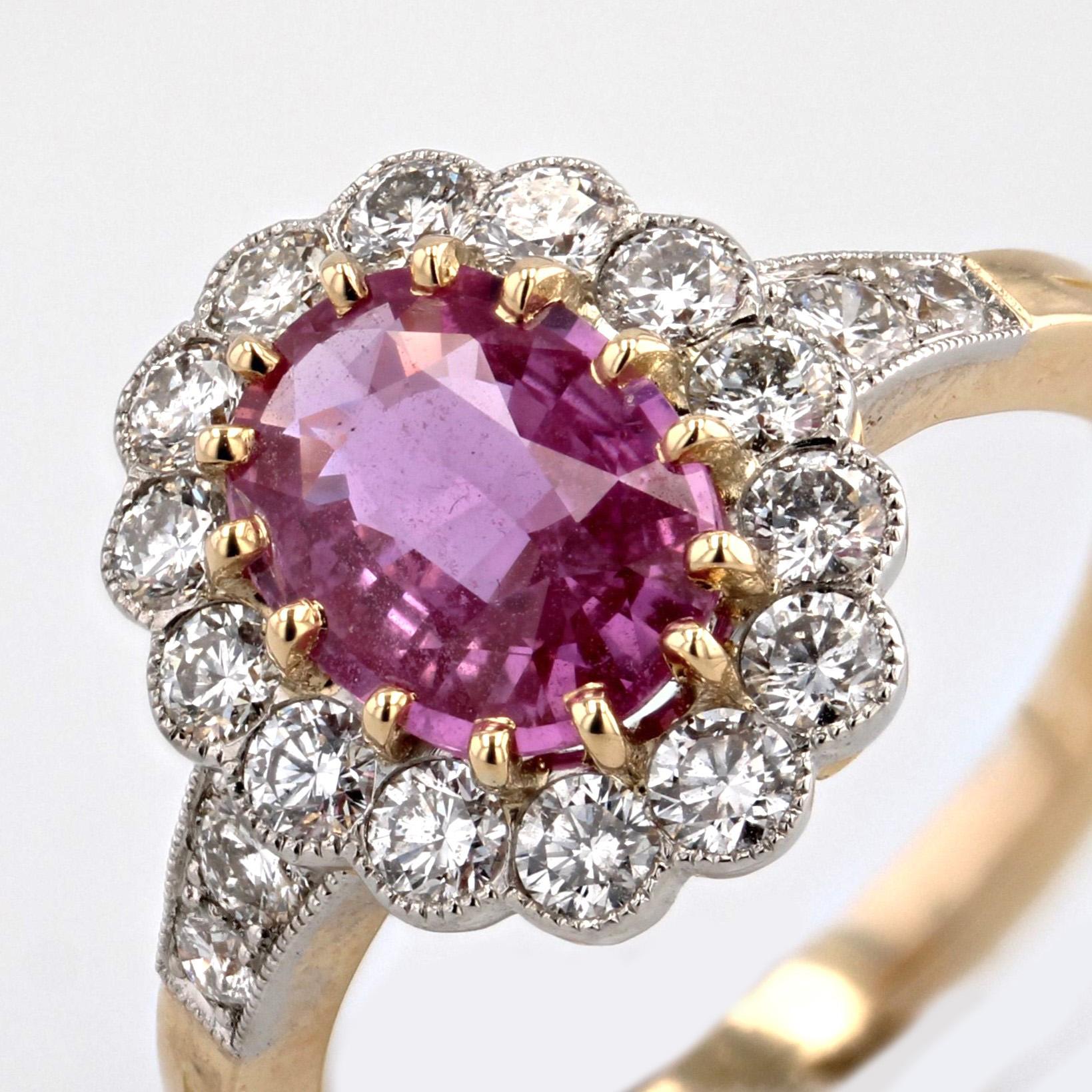 Bague marguerite française en or jaune 18 carats, saphir rose et diamants en vente 4
