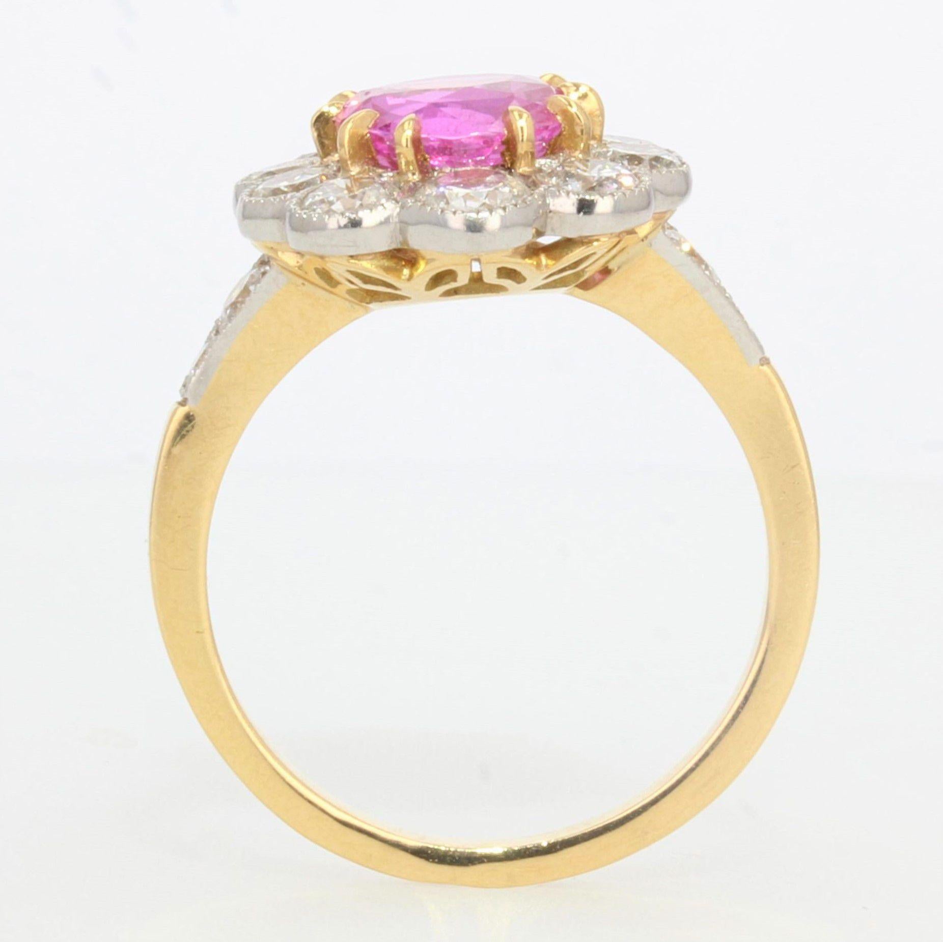 French Pink Sapphire Diamonds 18 Karat Yellow Gold Platinum Daisy Ring 2
