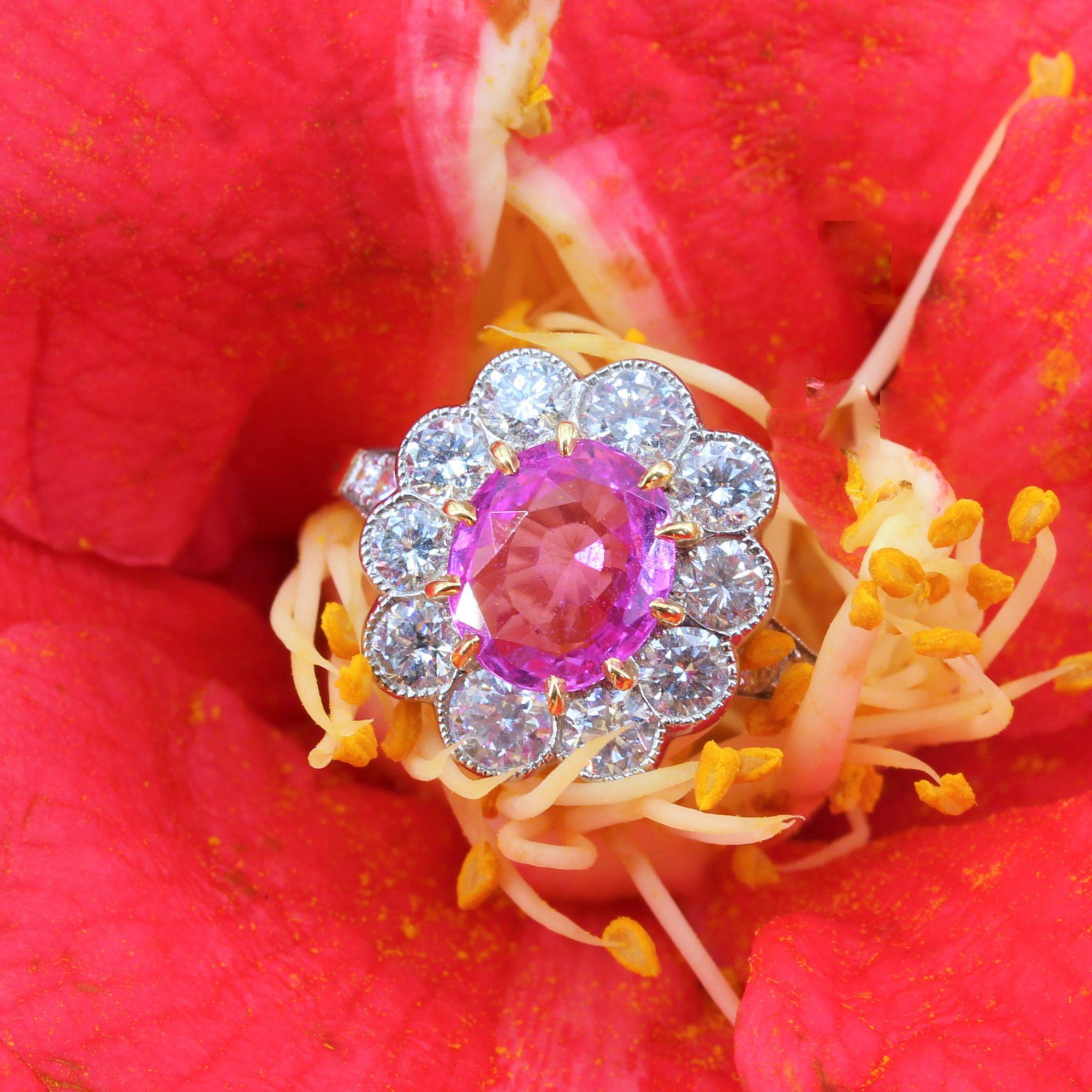 French Pink Sapphire Diamonds 18 Karat Yellow Gold Platinum Daisy Ring 3