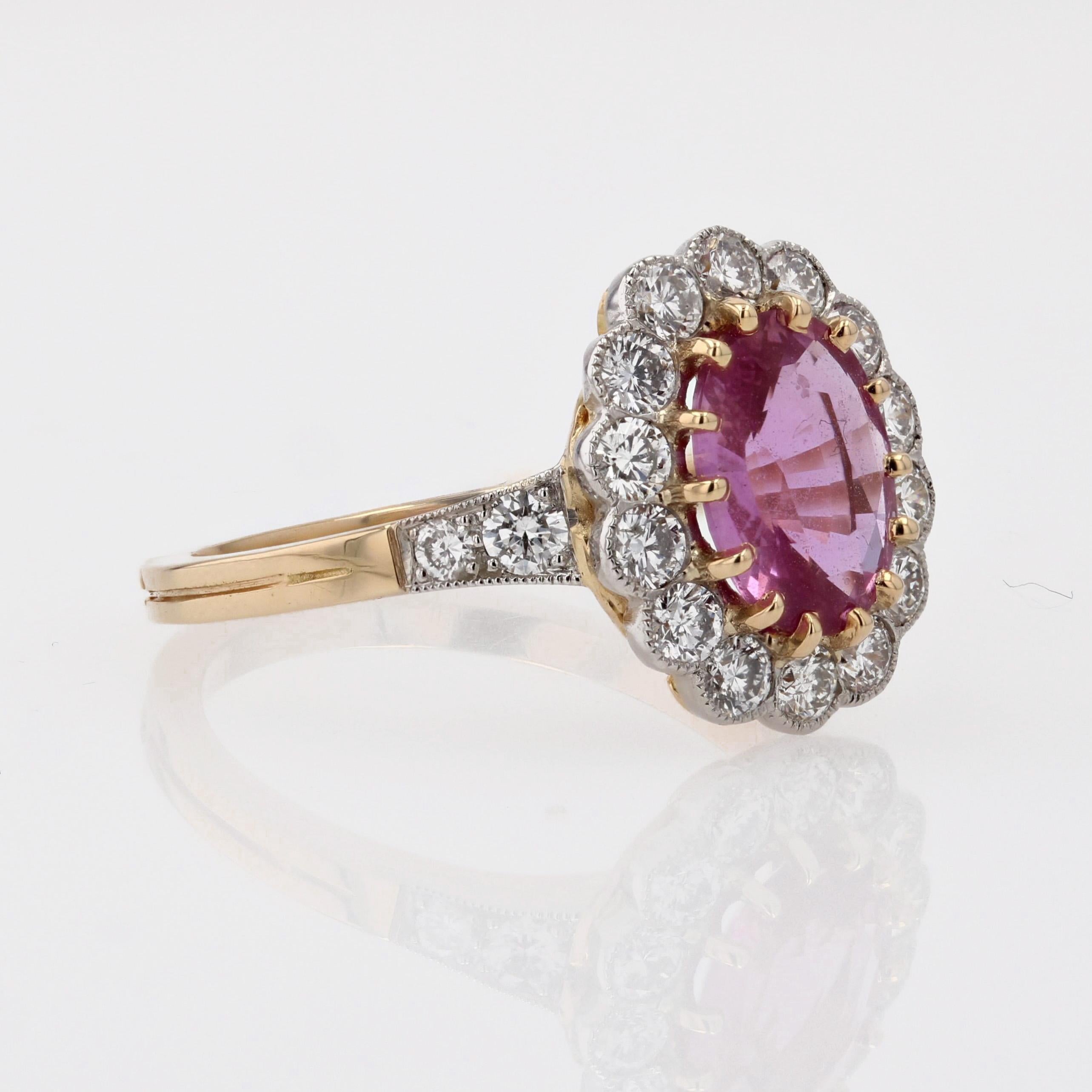 Bague marguerite française en or jaune 18 carats, saphir rose et diamants en vente 6