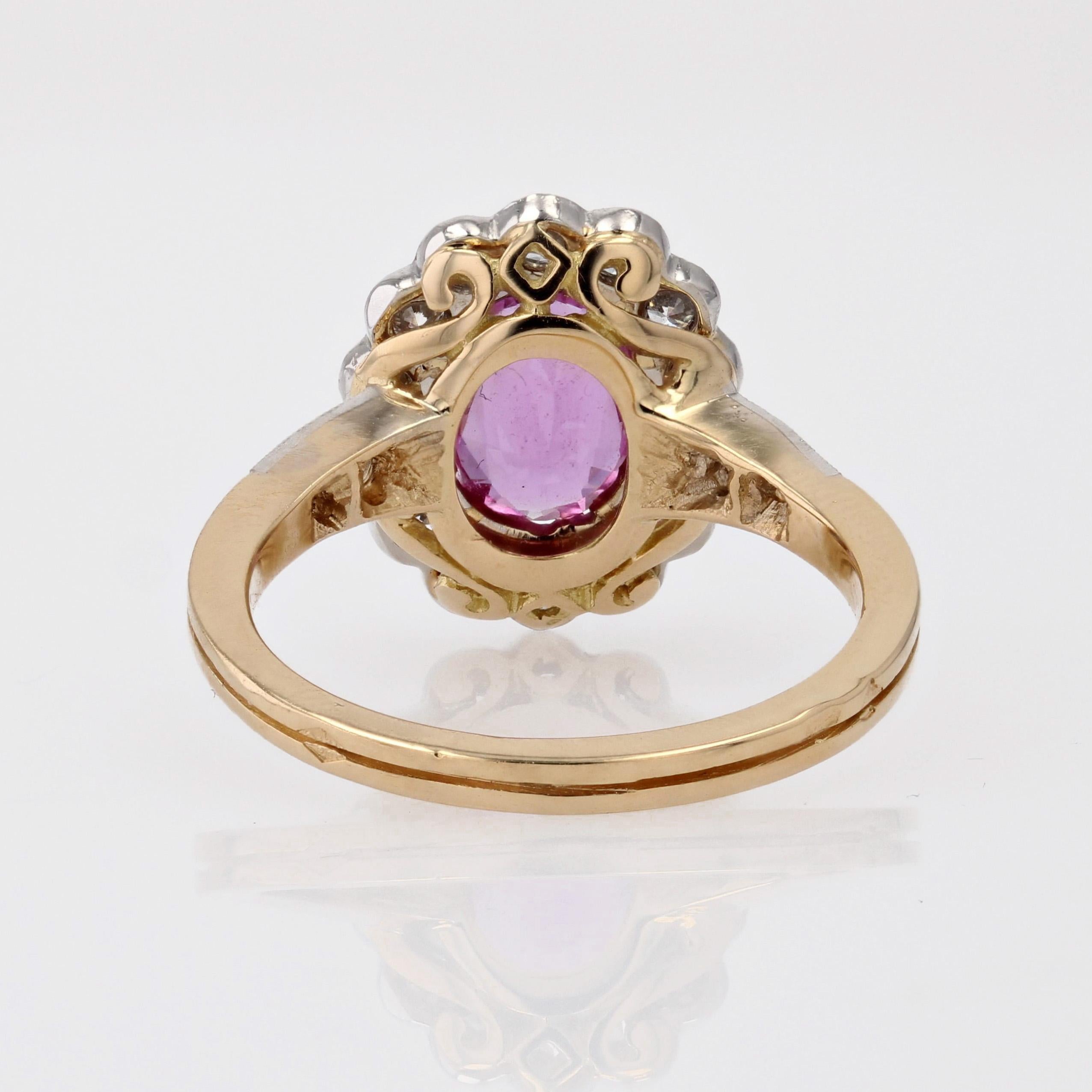 Bague marguerite française en or jaune 18 carats, saphir rose et diamants en vente 13