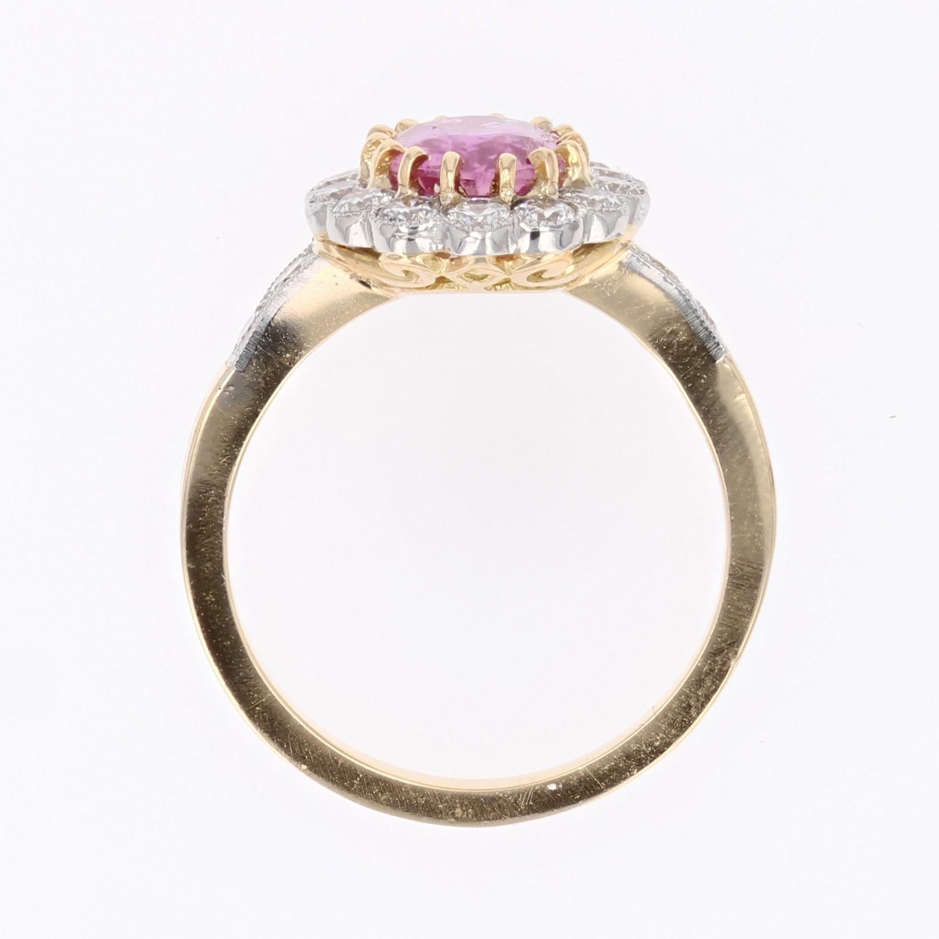 Bague marguerite française en or jaune 18 carats, saphir rose et diamants en vente 14
