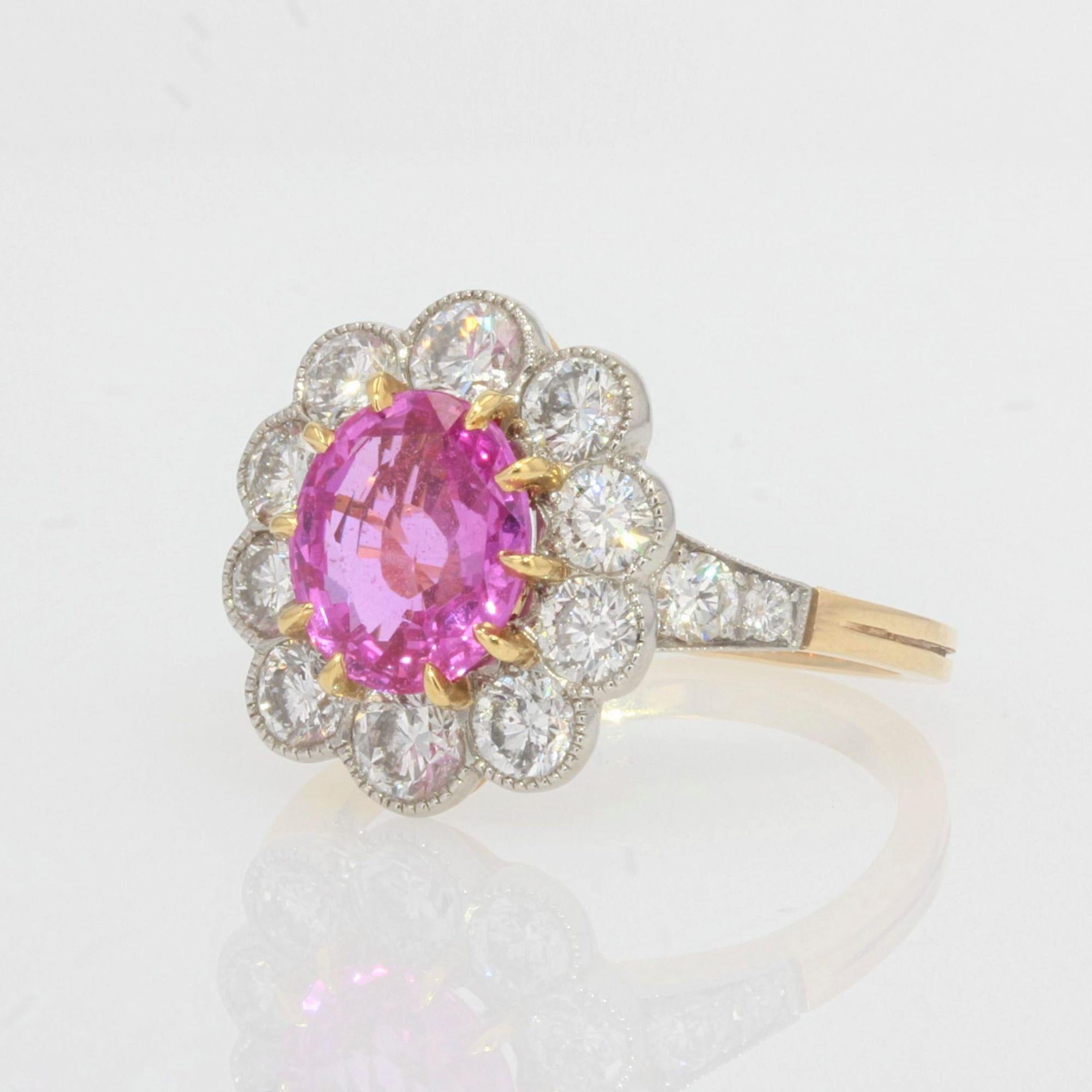 Modern French Pink Sapphire Diamonds 18 Karat Yellow Gold Platinum Daisy Ring