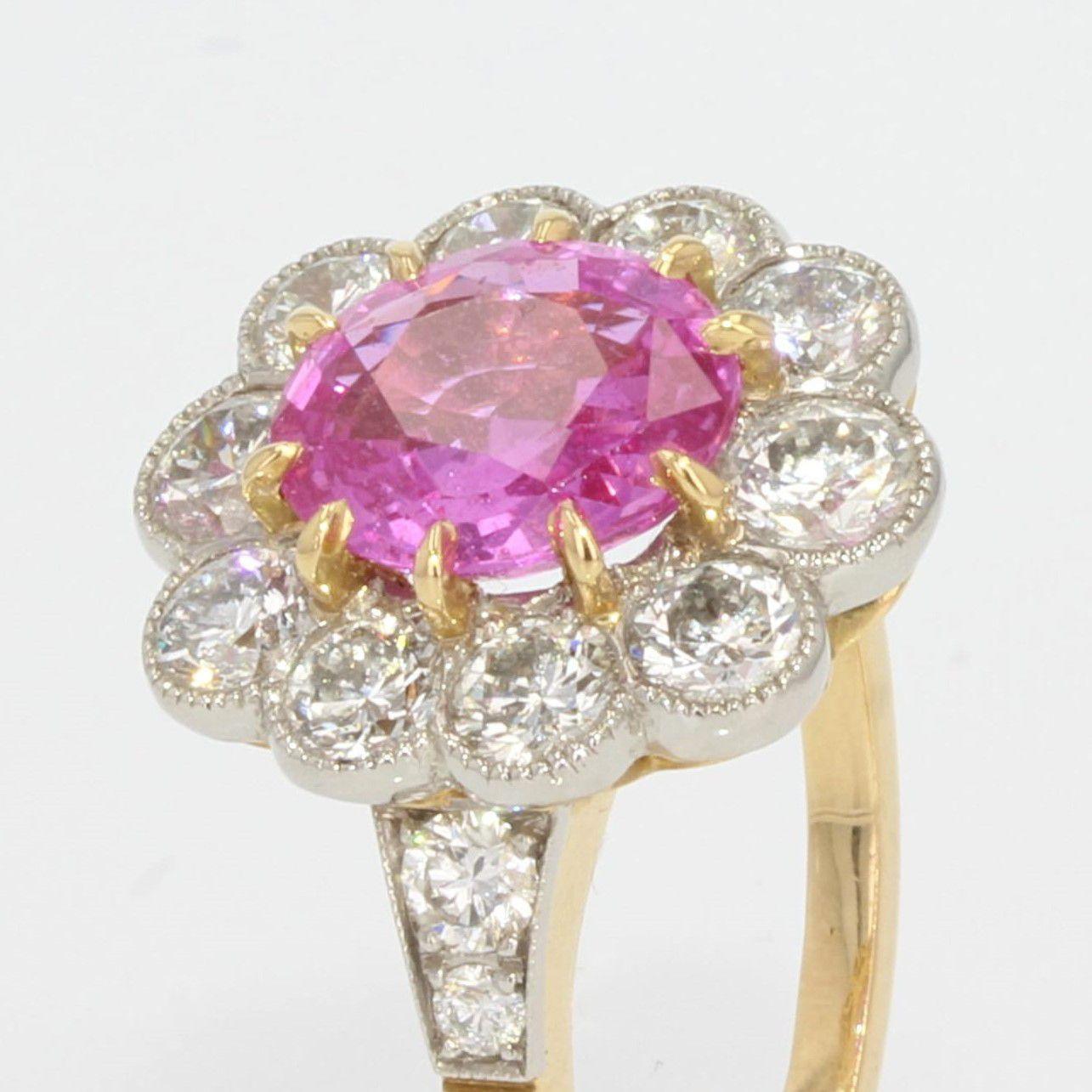 Oval Cut French Pink Sapphire Diamonds 18 Karat Yellow Gold Platinum Daisy Ring