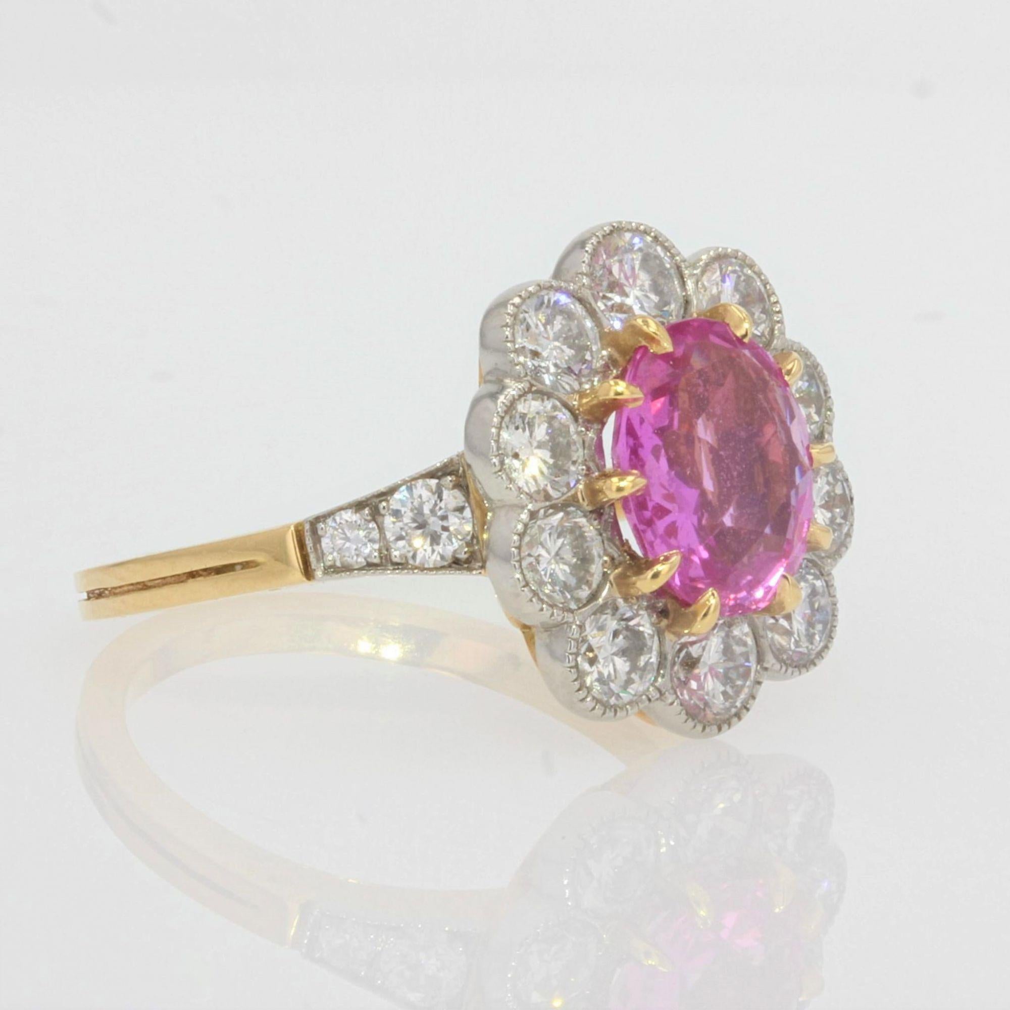 French Pink Sapphire Diamonds 18 Karat Yellow Gold Platinum Daisy Ring In New Condition In Poitiers, FR