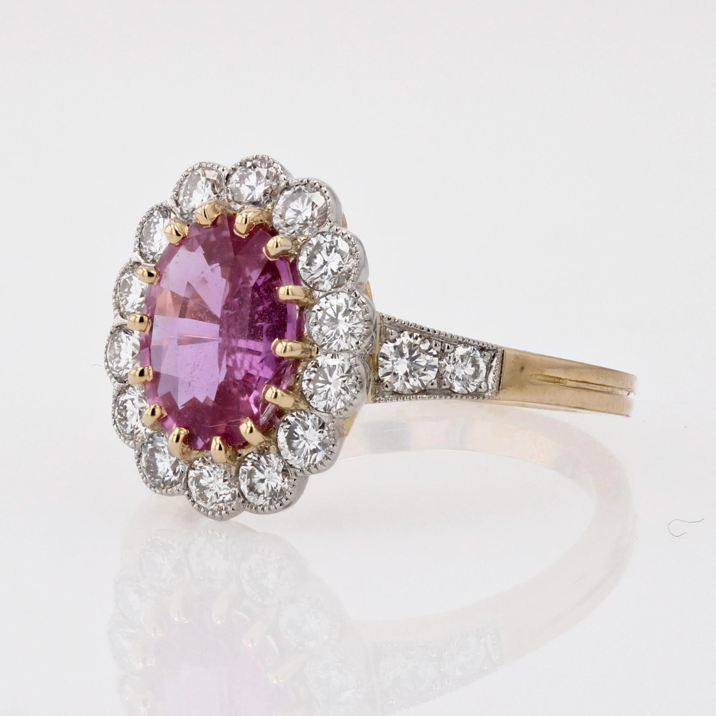 Bague marguerite française en or jaune 18 carats, saphir rose et diamants en vente 3