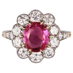 French Pink Sapphire Diamonds 18 Karat Yellow Gold Platinum Daisy Ring