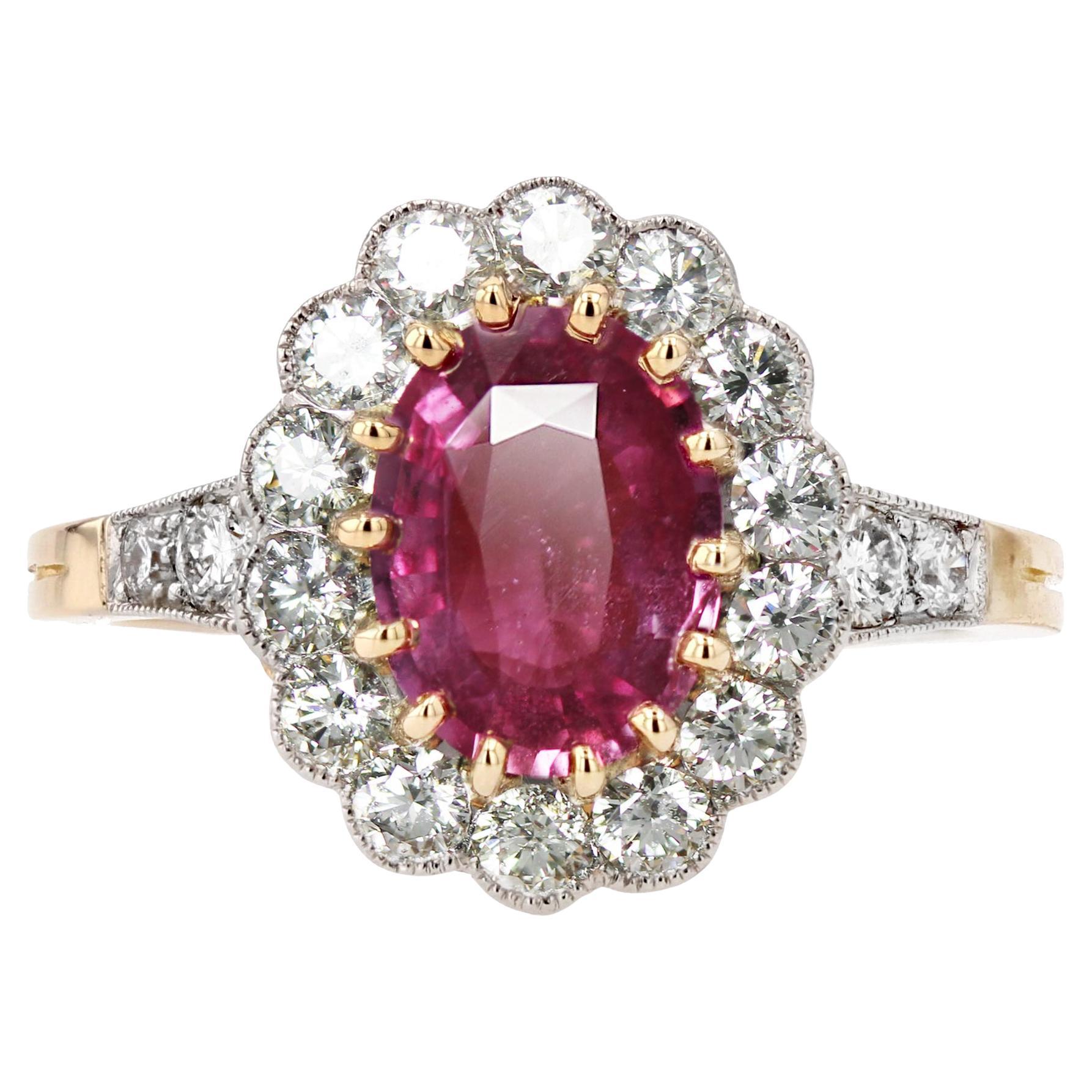 Anillo Francés Zafiro Rosa Diamantes Oro Amarillo 18 Kilates Platino Margarita
