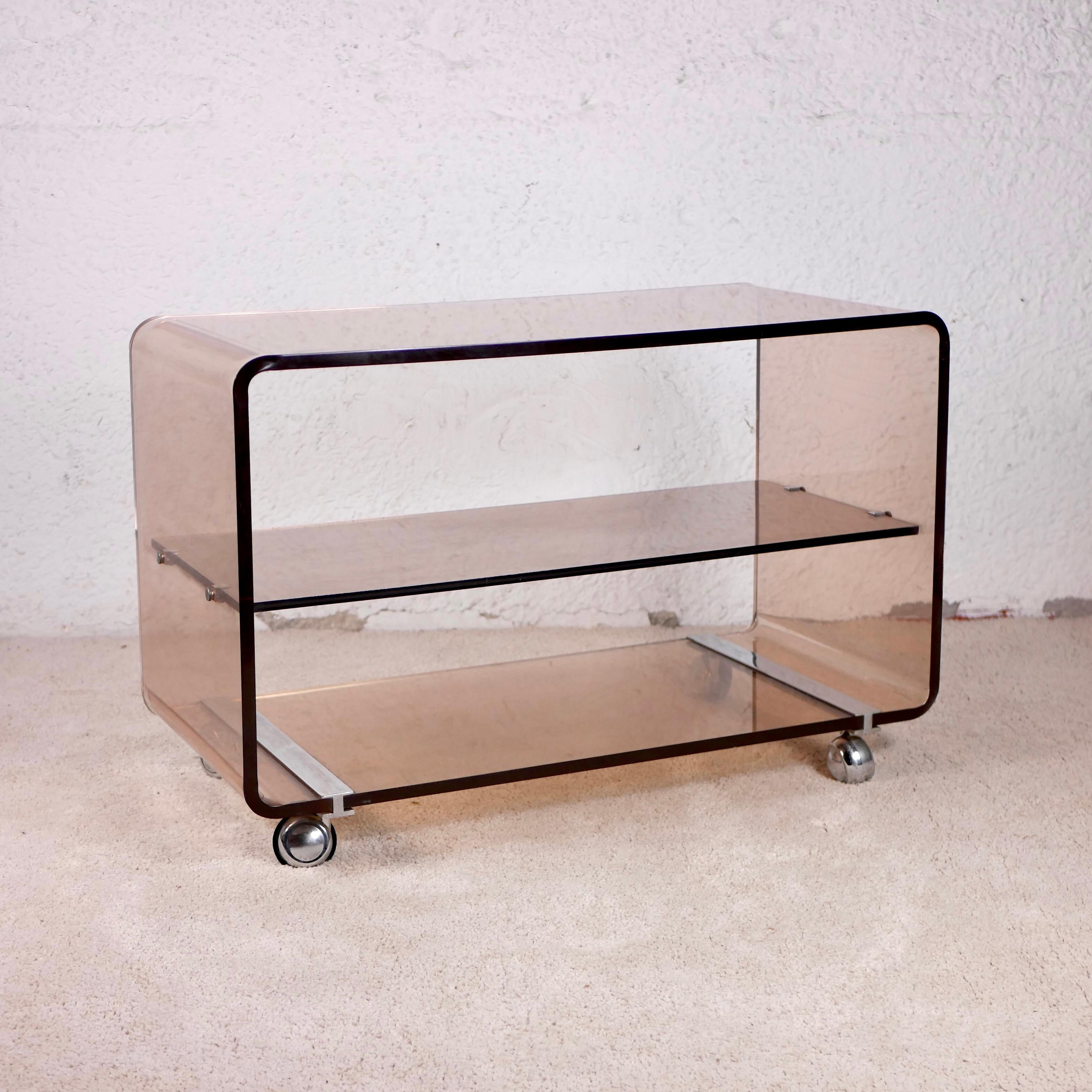 Metal French Pink Smoked Plexiglass Side Table by Michel Dumas for Roche Bobois, 1970s