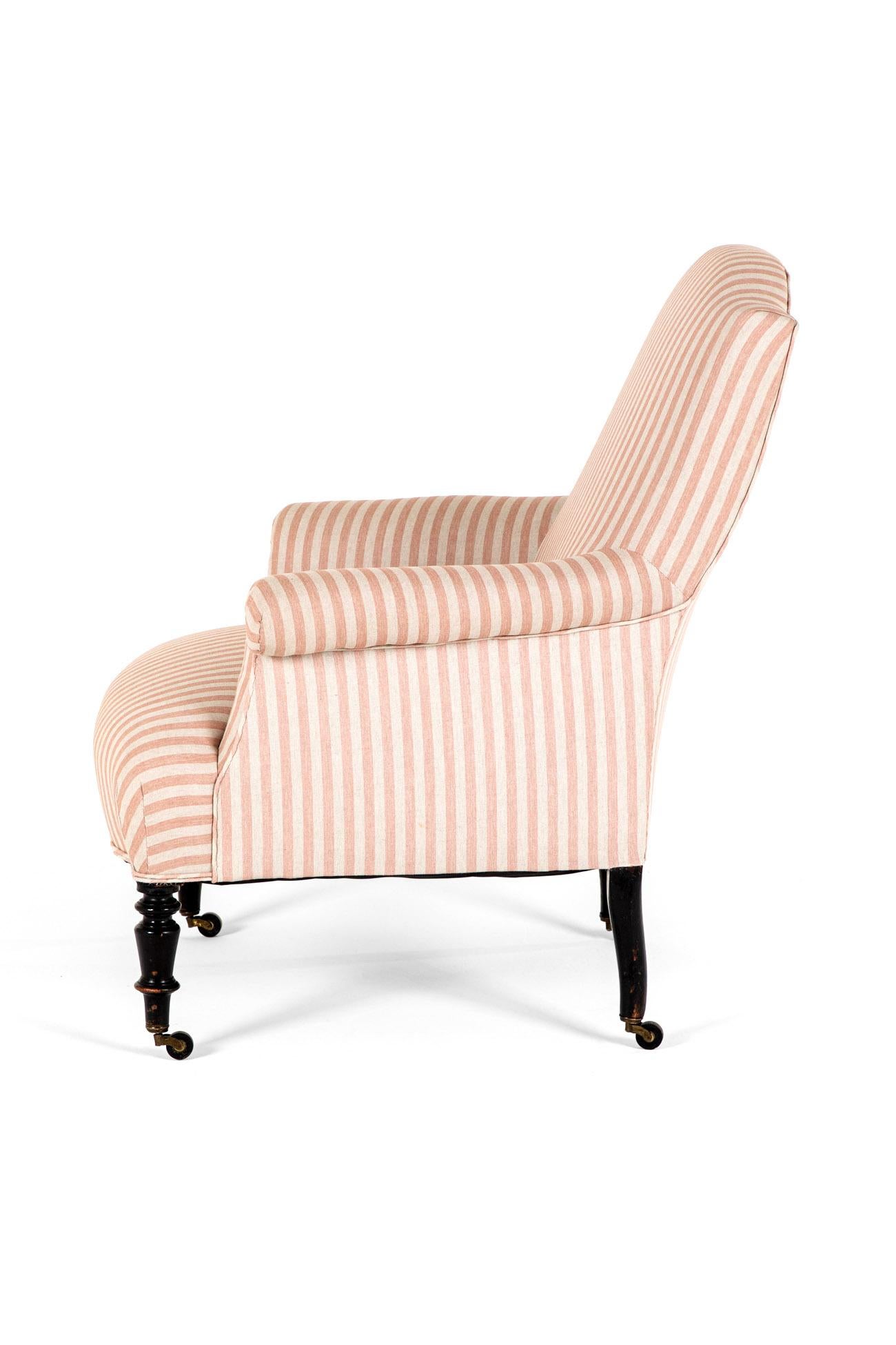 Sillón francés de lino rosa a rayas Provincial francés en venta