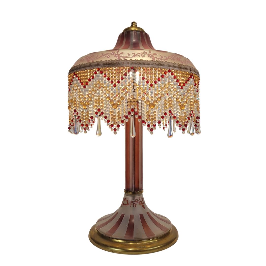 Unique and amazing  table lamp, made in France during the first half of the 20th century and signed “Suberville”, stands out for its delicate work in multilayer or folded and acid-etched glass. The work of folded glass is an artisanal process that