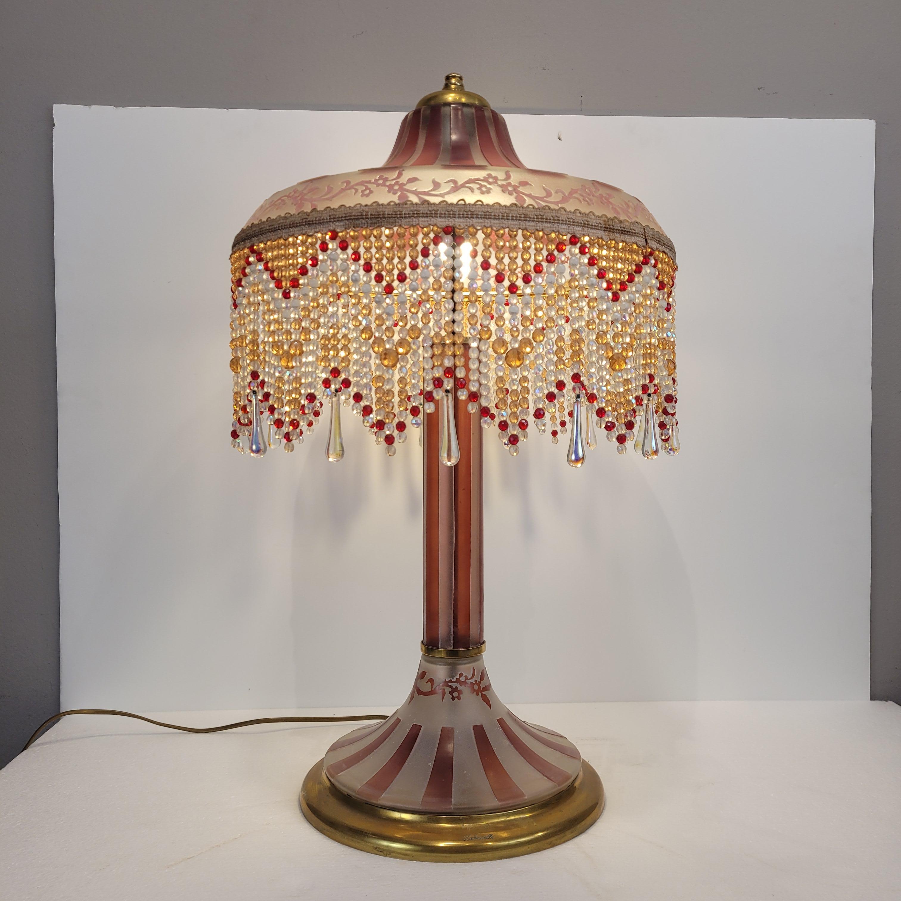 Late 20th Century French Pink Vintage Suberville table lamp, Art Nouveau style, etched glass For Sale